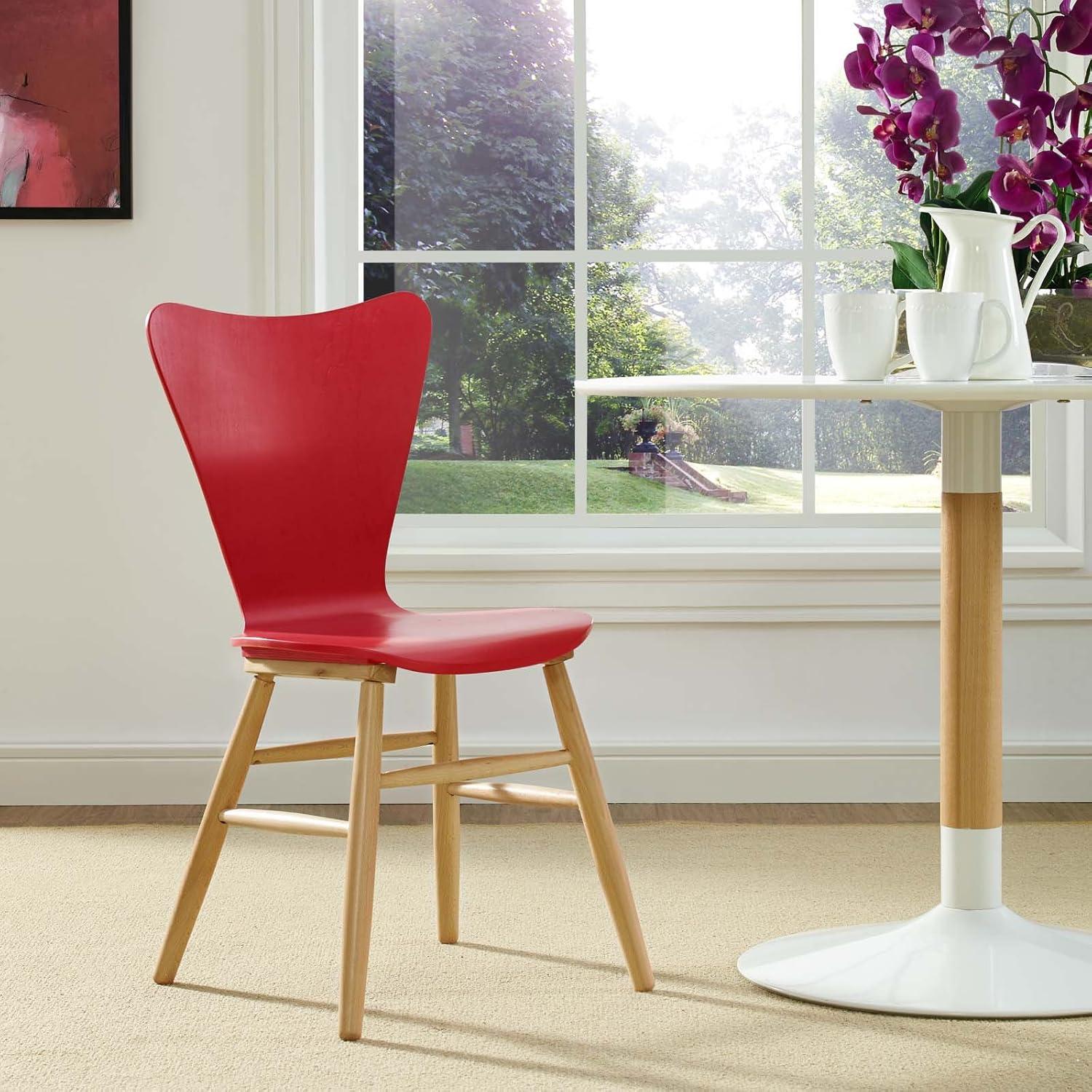 Modway Cascade Wood Dining Chair Red – Mid-Century Modern Dining Side Chair with Curved Back and Natural Wood Legs