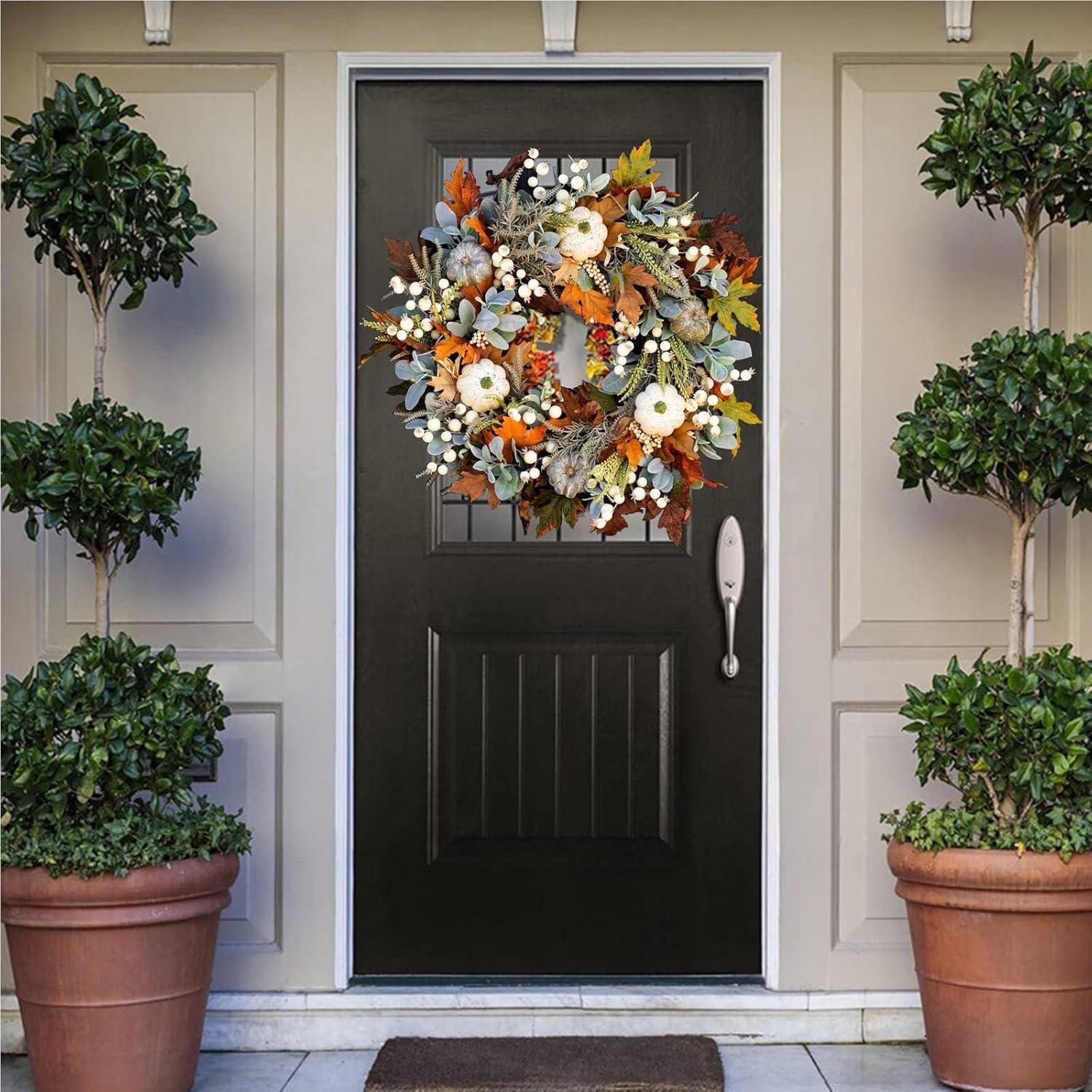 Artificial Fall Wreaths for Front Door Rustic Autumn Wreath with Pumpkin,Rose,Berry Branchesm,Mixed Leaves Thanksgiving Wreath Fall Door Wreath for Halloween Thanksgiving Indoor Outdoor Decor (A15.7)