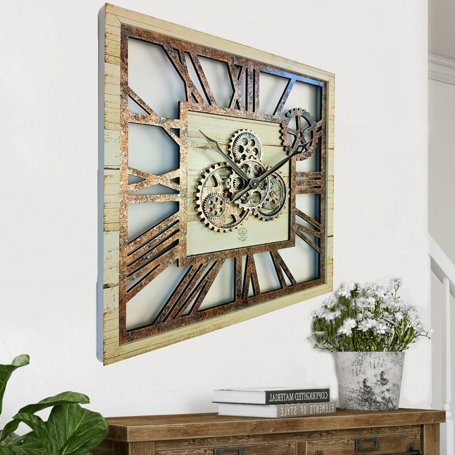 Wall Clock 24" Square Oversized for Living Room decor with Real Moving Gears America Collection