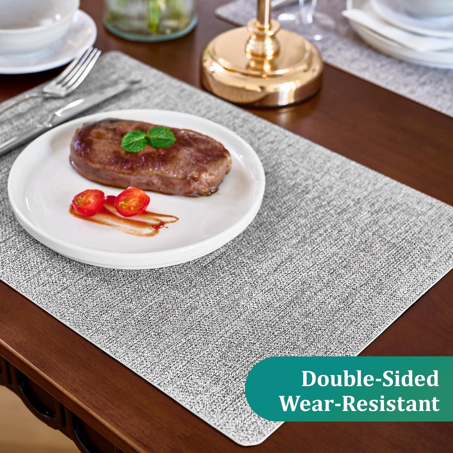 FOCUSLINE Faux Leather Placemats Set of 6, Light Grey Table Place Mats, Waterproof and Non-Slip Dining Table Mats for Indoor & Outdoor Use