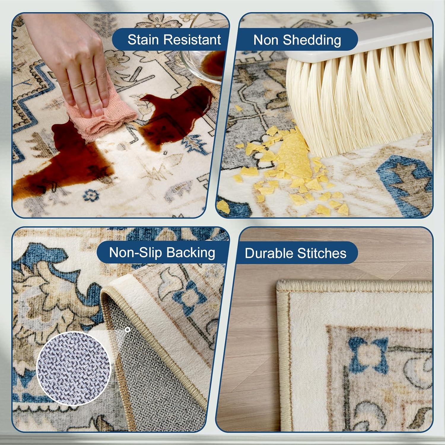 GlowSol 8x10 Floral Area Rug for Living Room Bedroom Retro Distressed Area Rug Traditional Medallion Non-Slip Low Pile Carpet Floor Decoration, Blue