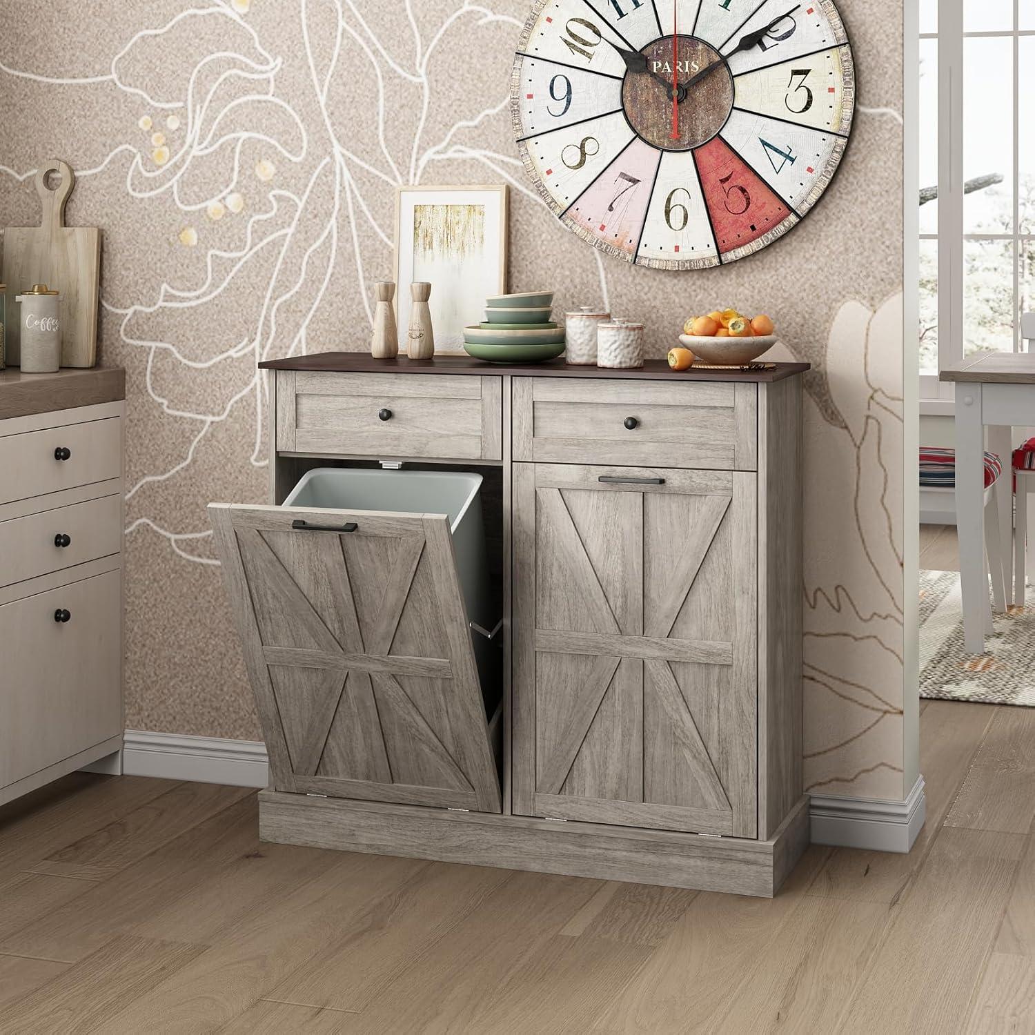 Gray Driftwood Double Tilt Out Trash Cabinet with Drawers