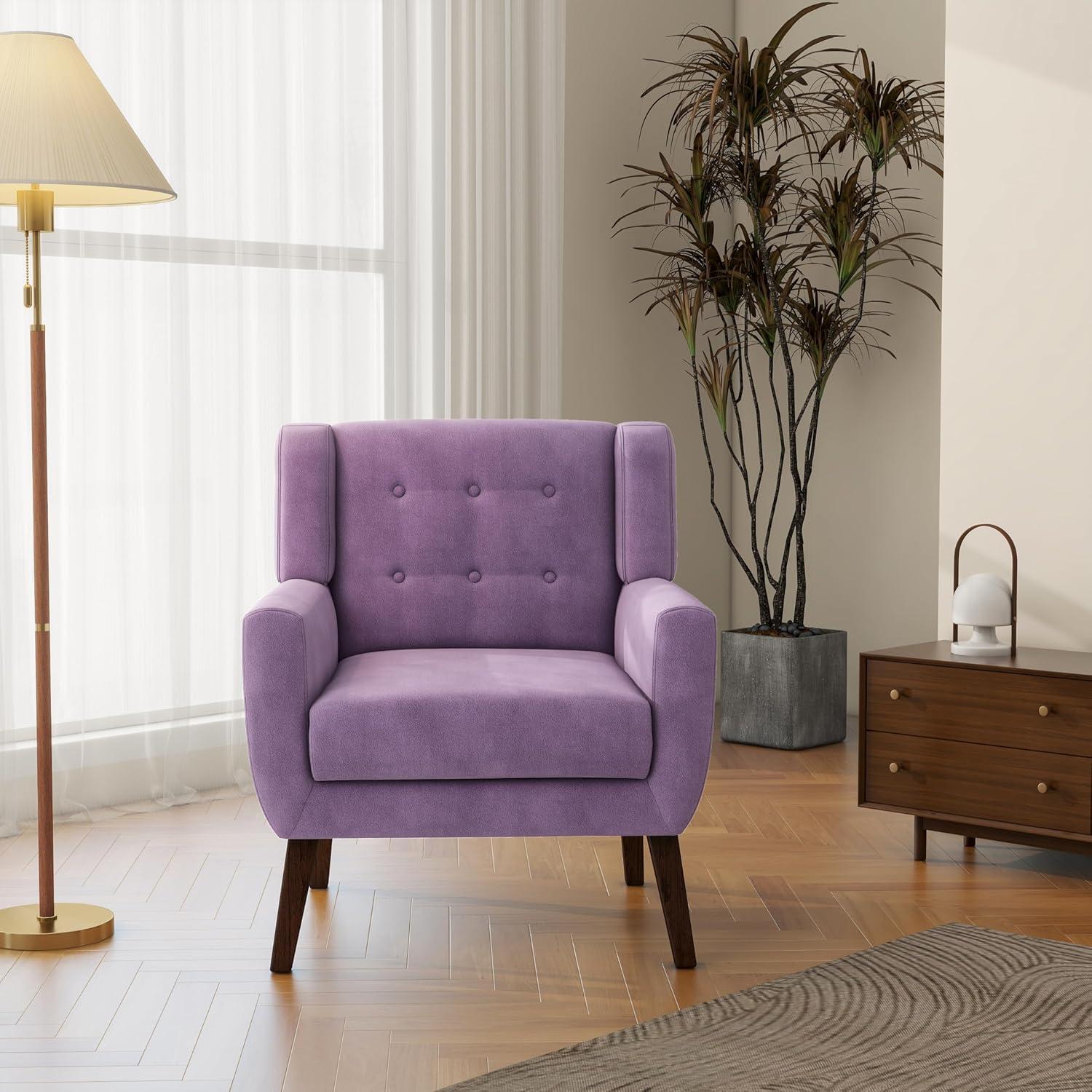 Mid-Century Modern Purple Velvet Accent Chair with Wood Legs