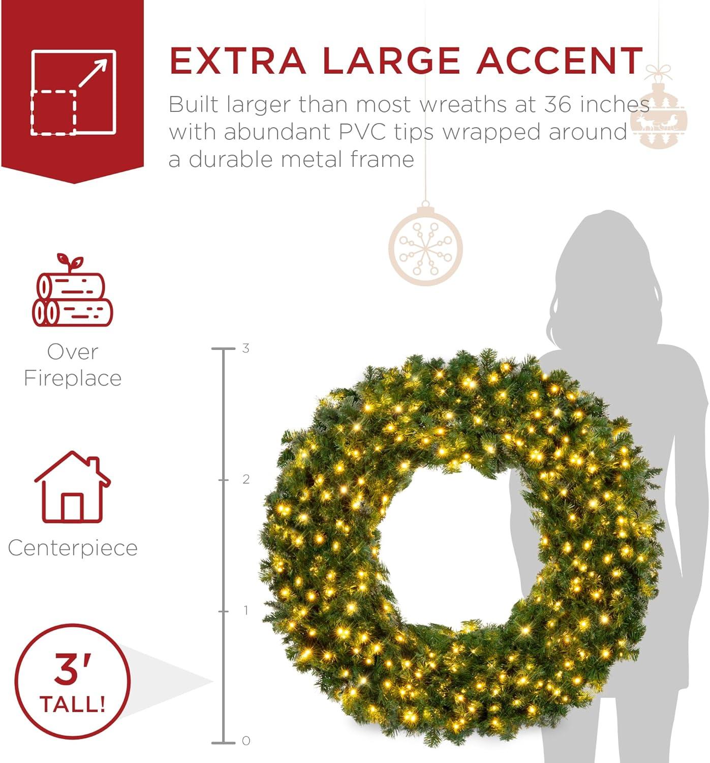 Best Choice Products 36in Artificial Pre-Lit Fir Christmas Wreath Decoration w/ 150 LED Lights, 300 Tips, Power Plug-In