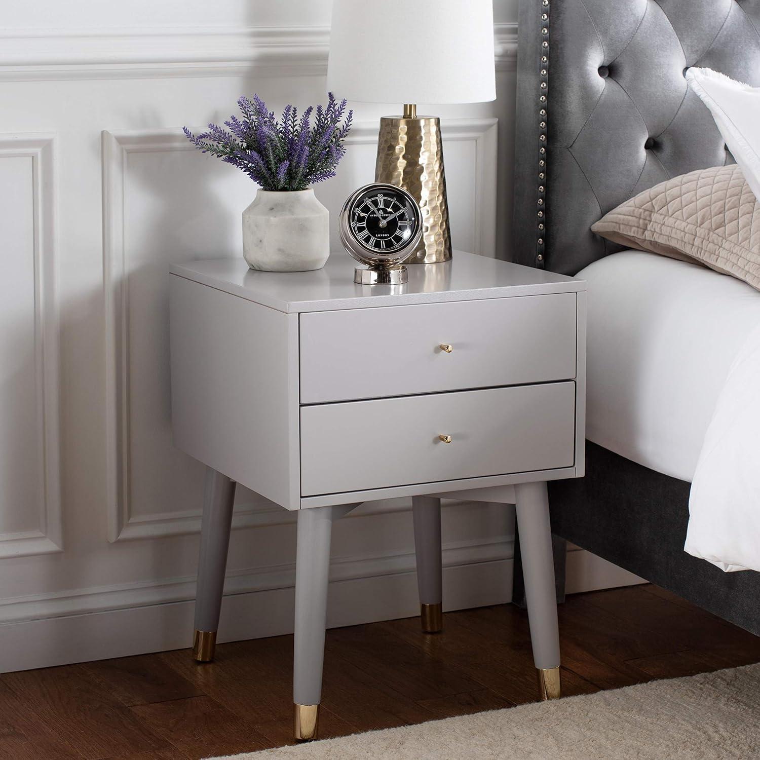 Retro Grey and Gold 2-Drawer 26" Nightstand with Metallic Accents