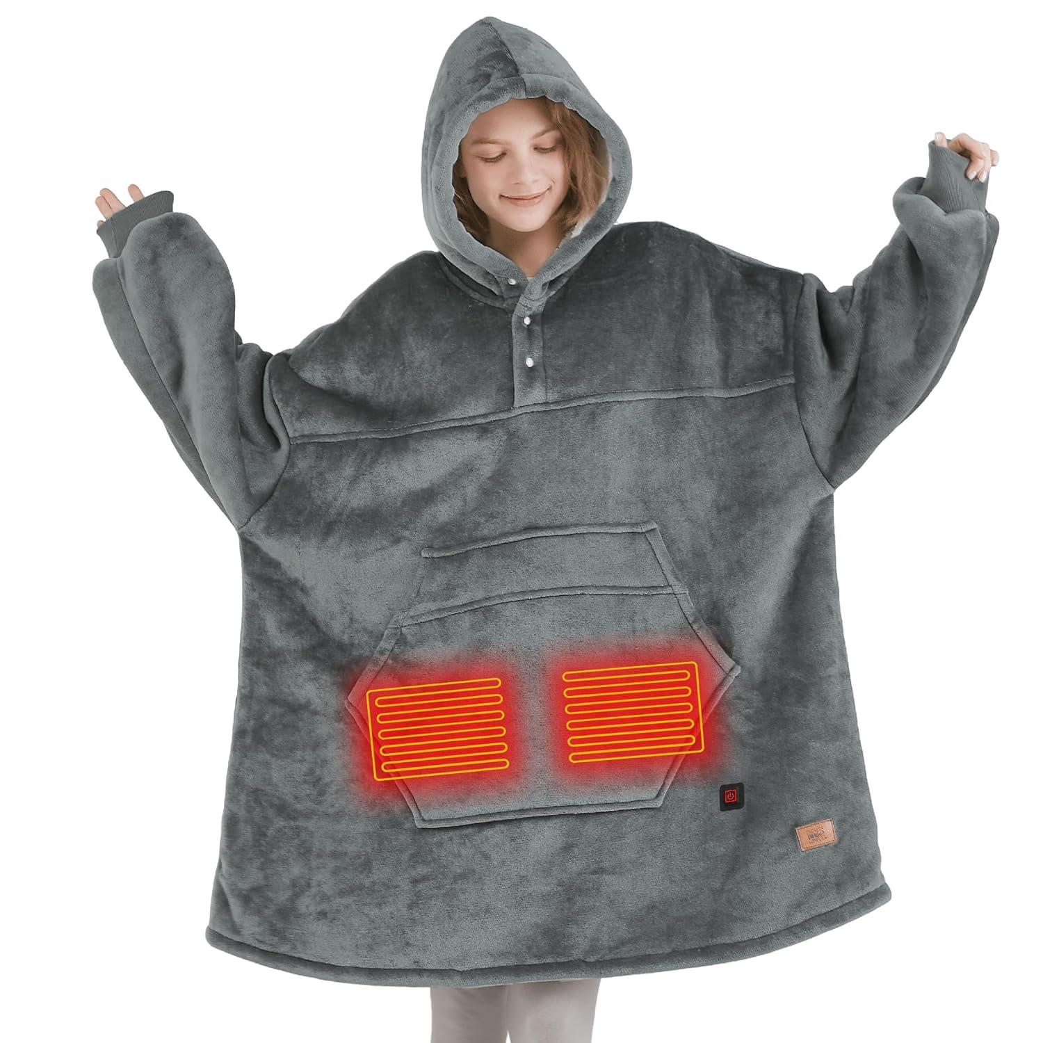 Gray Fleece Sherpa Hooded Heated Wearable Blanket