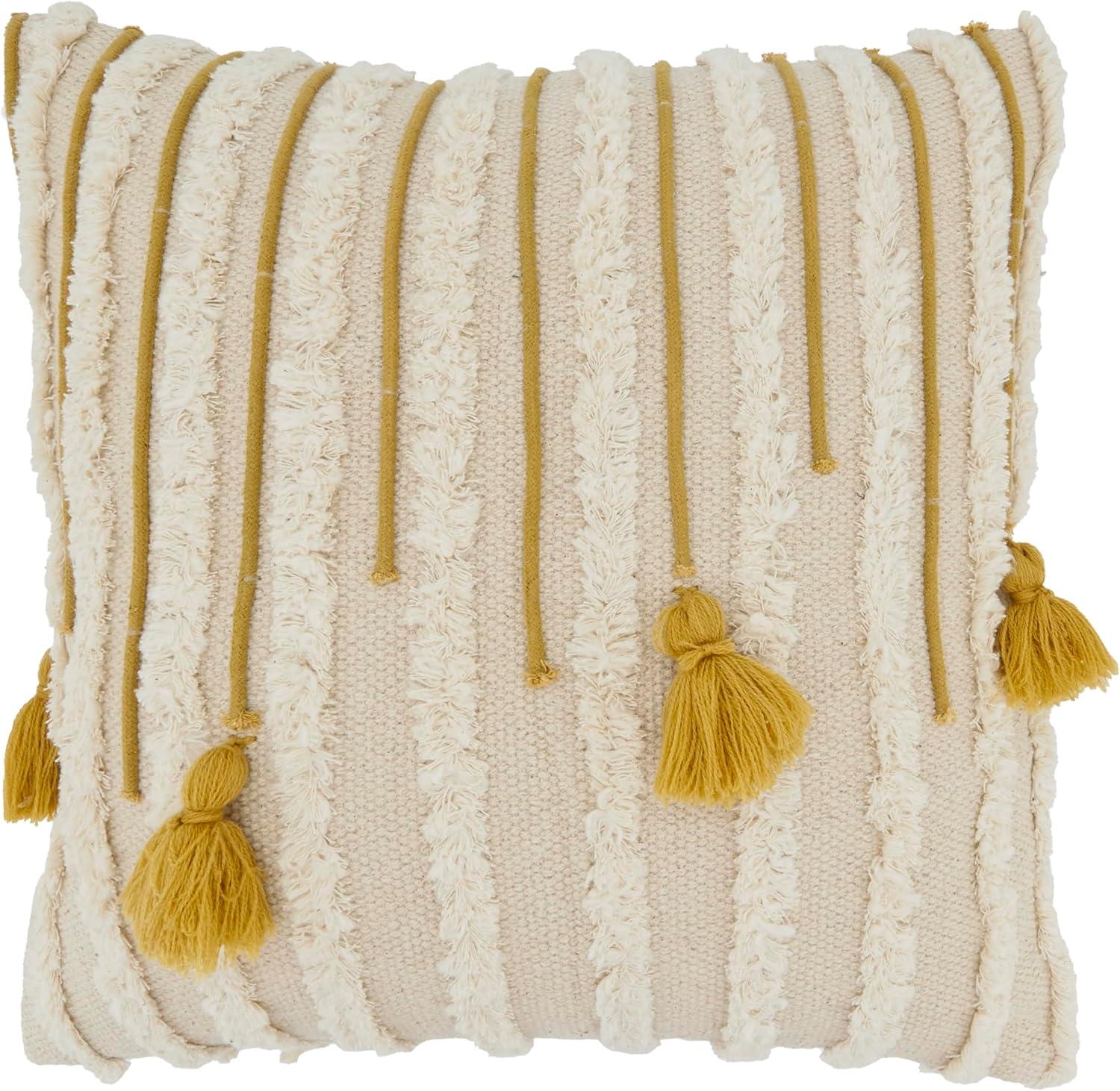 Saro Lifestyle Artisanal Tassel and Tufted Down Filled Throw Pillow, Beige, 20"x20"