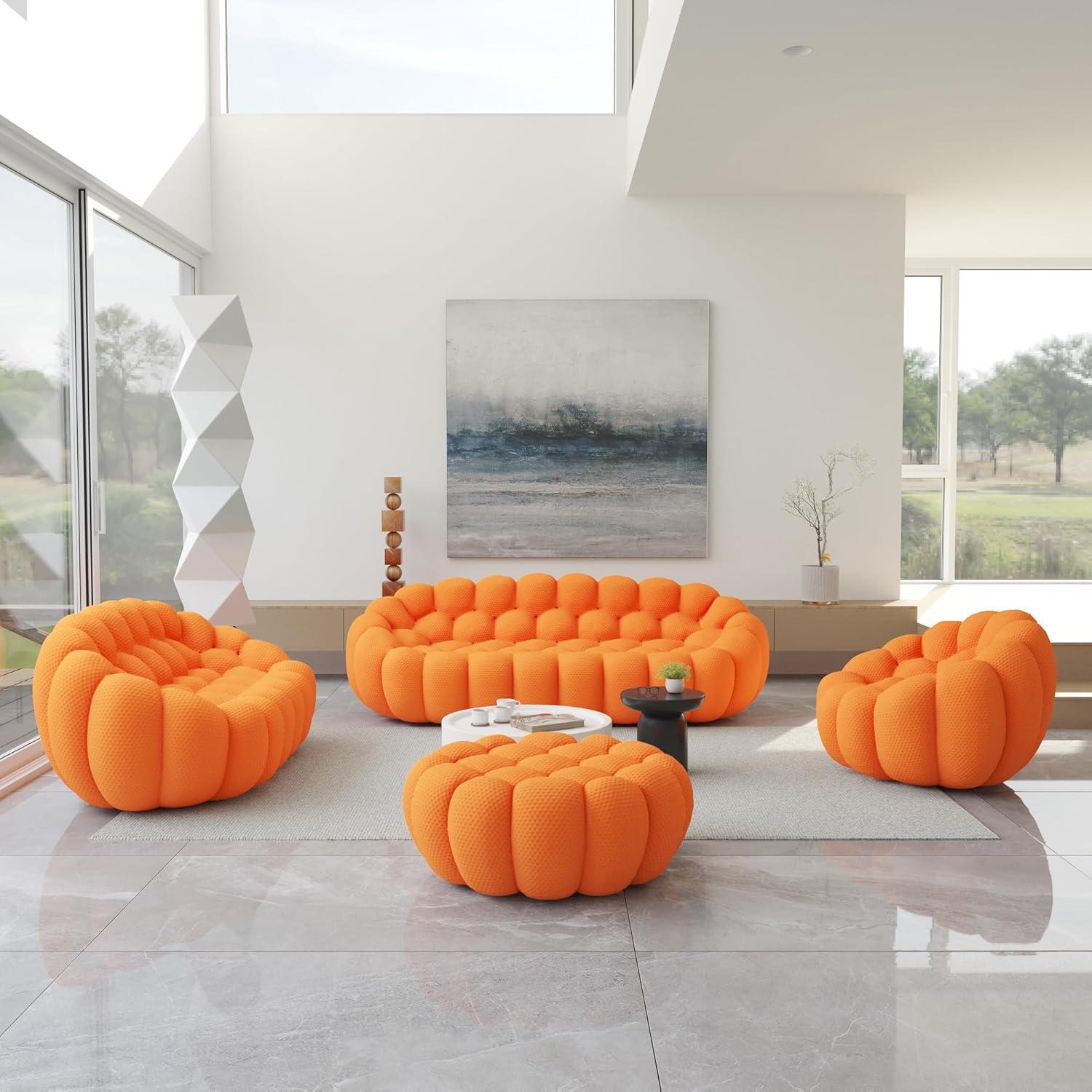 Bubble Couch, 98.43'' Modern 3-Seater Lazy Floor Couch, Memory Foam Bubble Round Sofa 3D Honeycomb Shape Curved Sofas for Living Room, Office, Apartment (Orange)