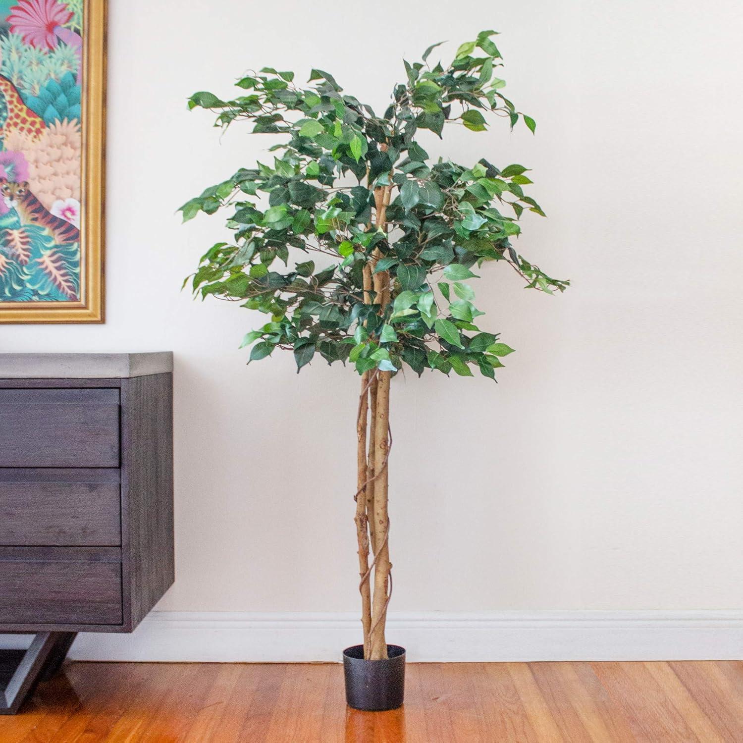 Nearly Natural 60" Artificial Ficus Tree in Pot Black: Indoor Faux Plant, No Assembly, Unlit