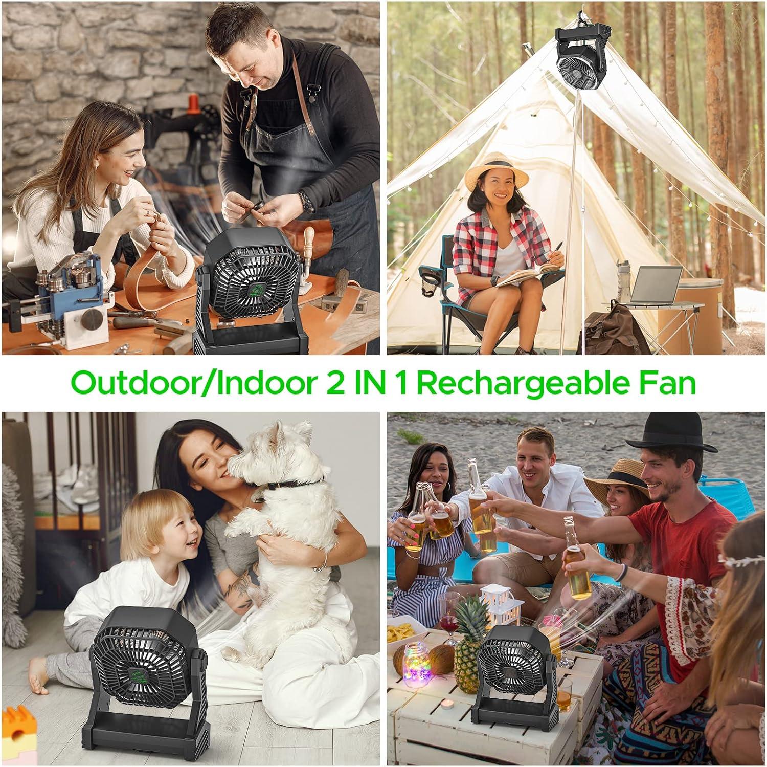 Black Portable Battery Operated Pedestal Fan with LED Lantern