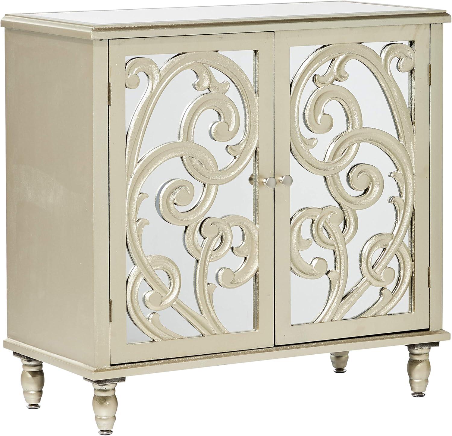 DecMode 31" x 30" Champagne Wood Intricately Carved 1 Shelf and 2 Doors Scroll Cabinet with Mirrored Front, 1-Piece