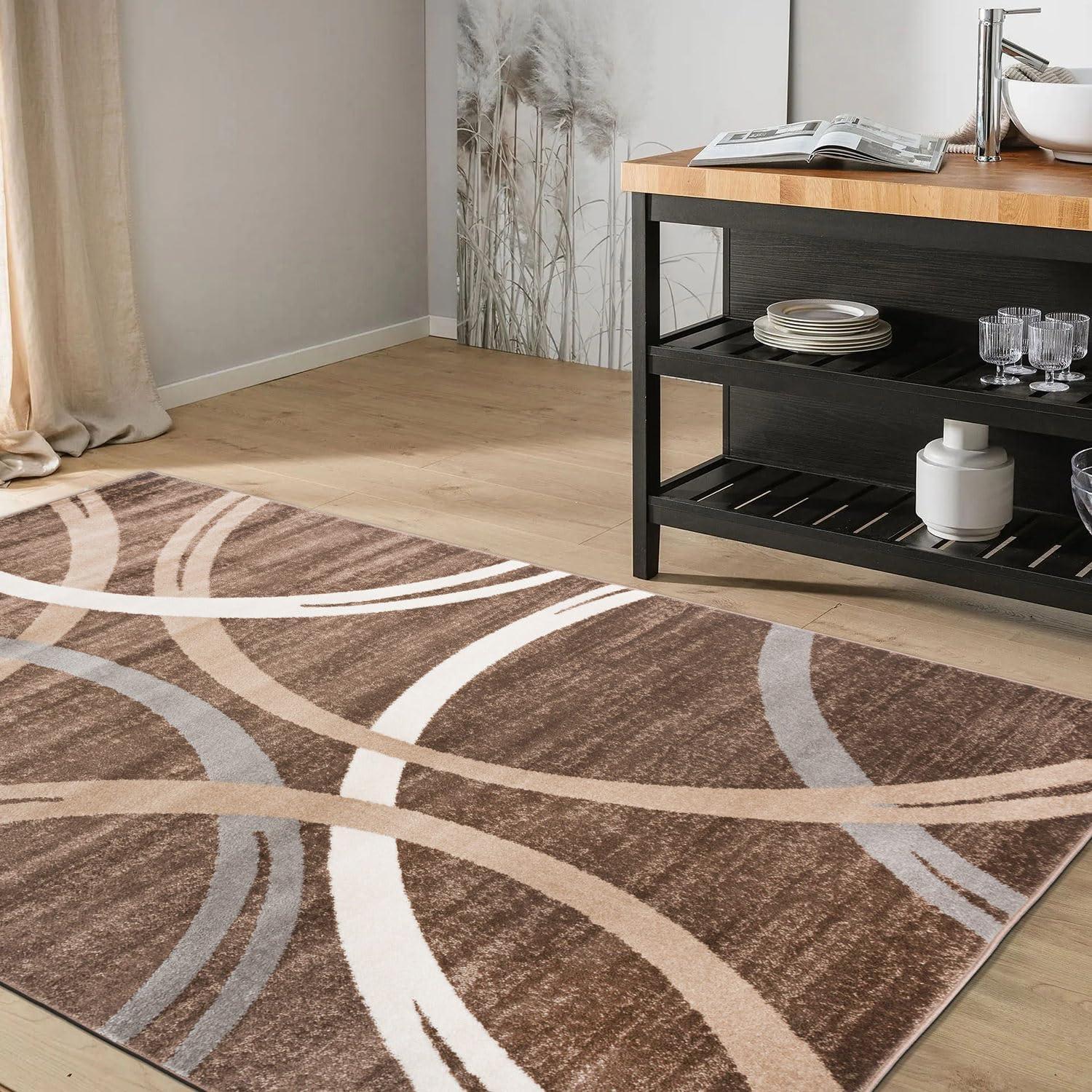 World Rug Gallery  Contemporary Abstract Circles Design Area Rug Brown 7'10" x 10'2" 8' x 10', 7' x 9' Indoor Living Room, Bedroom, Dining Room Ivory,