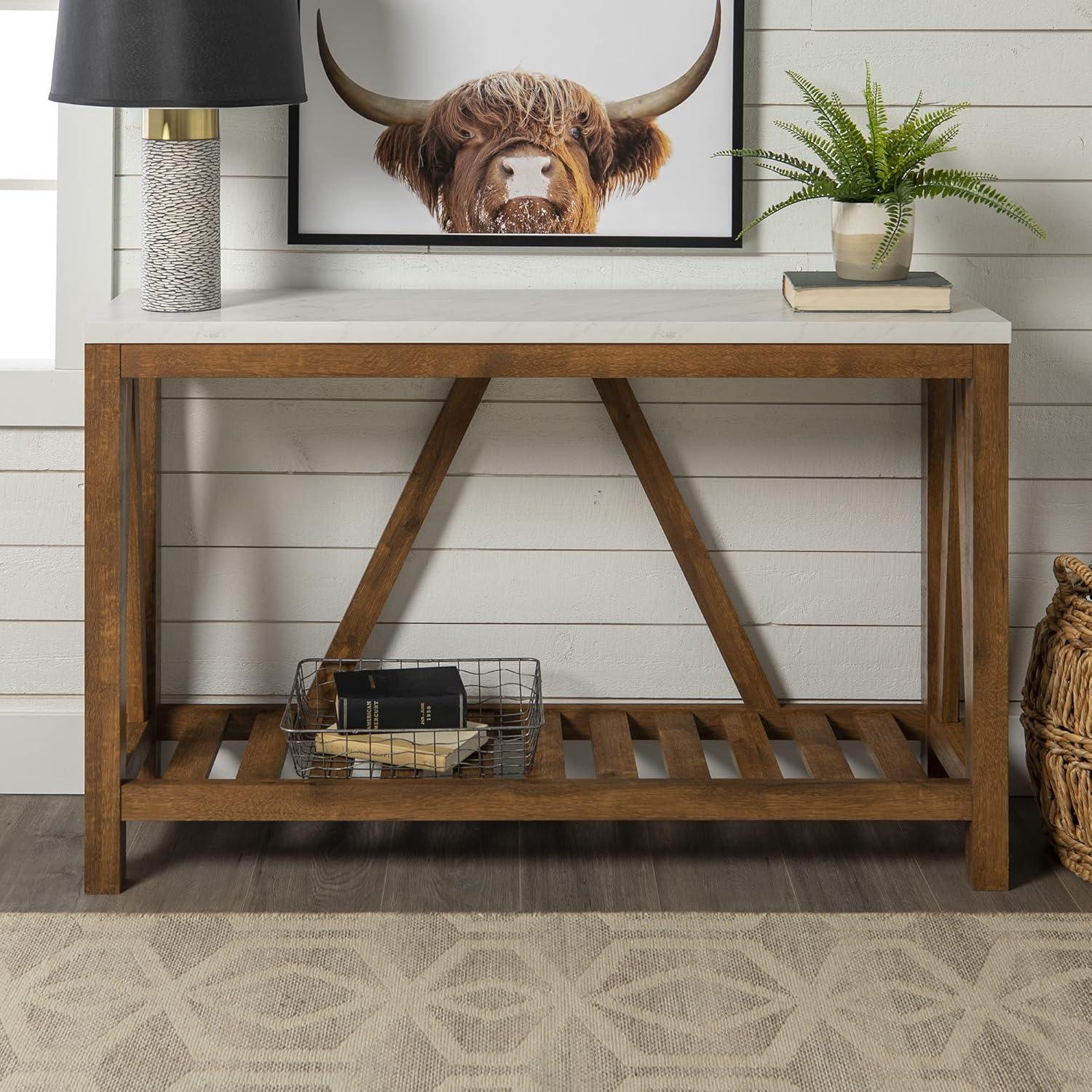 Walker Edison Modern Farmhouse Faux Marble and Walnut Entryway Table, Faux White Marble/Walnut