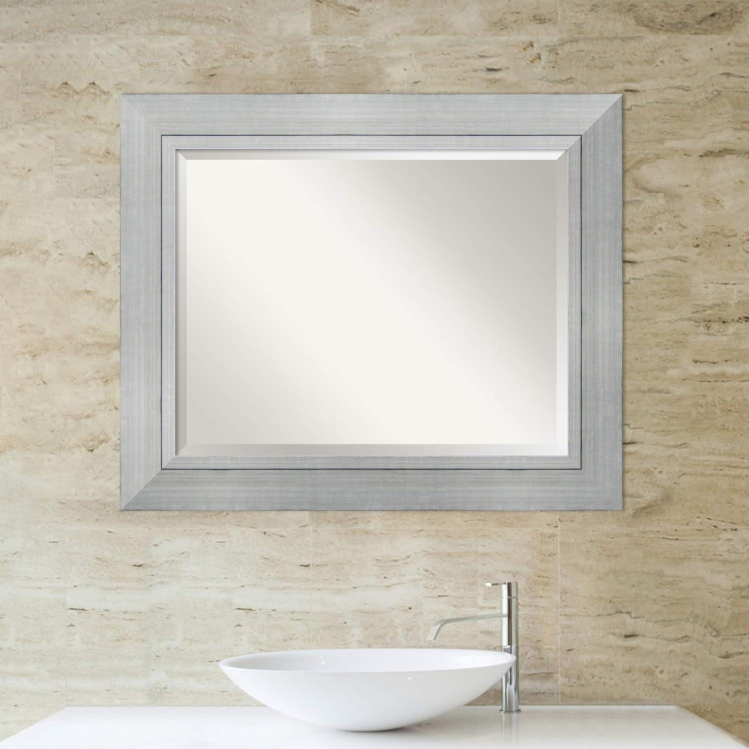 Amanti Art Beveled Wood Bathroom Wall Mirror - Romano Silver Frame - Outer Size: 35 x 29 in