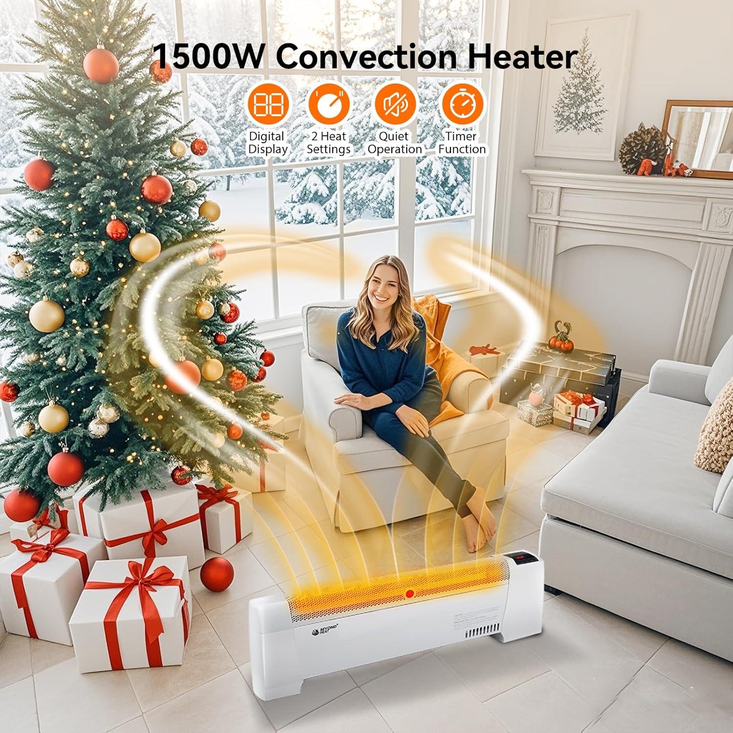 BEYOND HEAT Electric Baseboard Heater, 1500W Convection Heater with Adjustable thermostat and Overheat Protection, Slient Operation Heater for indoor use, White