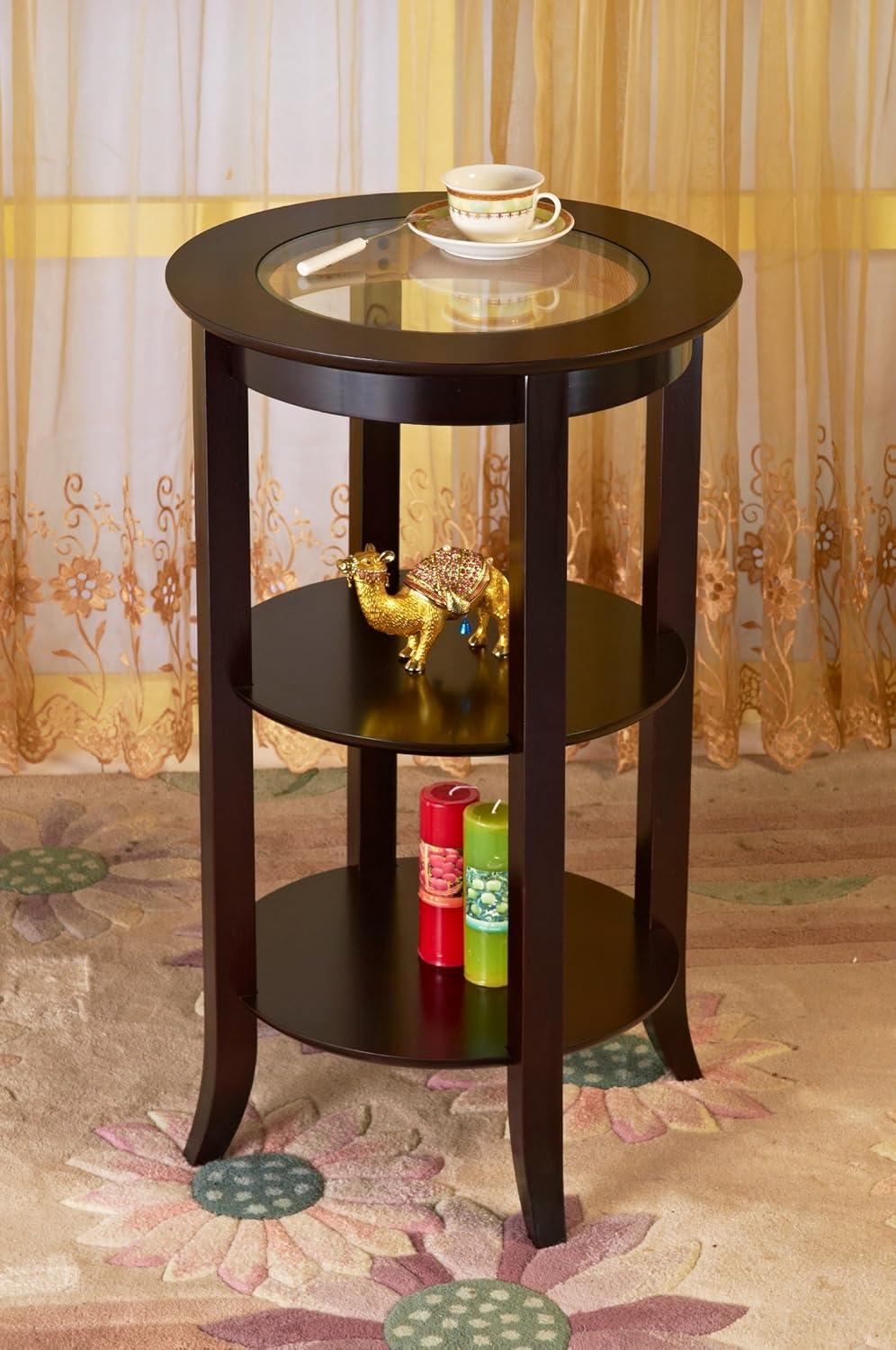 Espresso Wood Round Side Table with Glass Top and Shelves