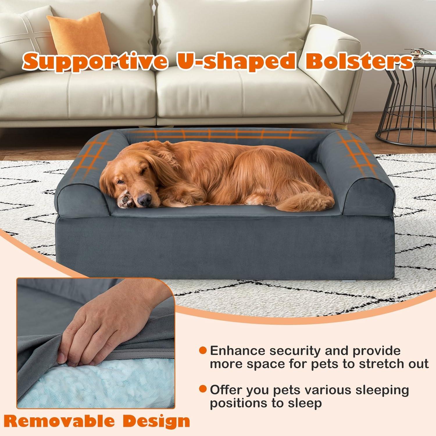 Orthopedic Dog Bed Memory Foam Pet Bed with Headrest for Large Dogs-Grey