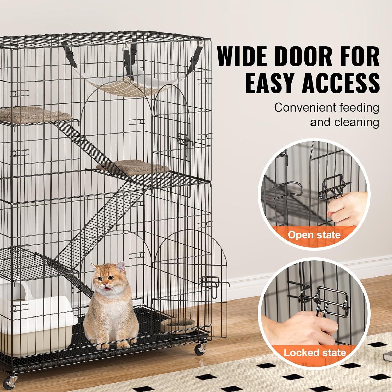 Large Black and Gray Rolling Metal Cat Cage with Hammock