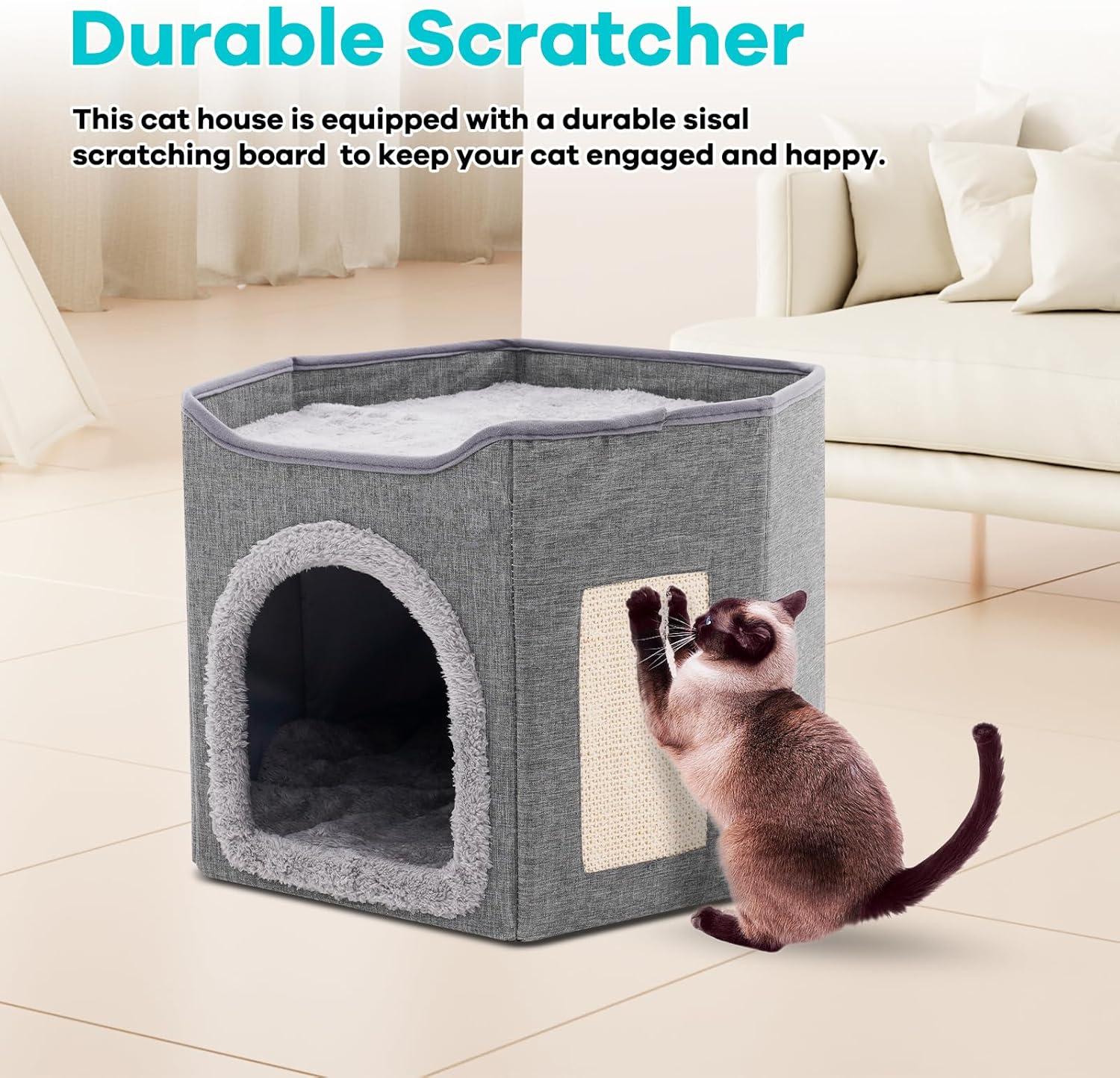 Cat Bed for Indoor Cats Cube House, Covered Cat Cave Beds & Furniture with Scratch Pad and Hideaway Tent, Cute Modern Cat Condo for Multi Small Pet Large Kitten Kitty, Dark Grey