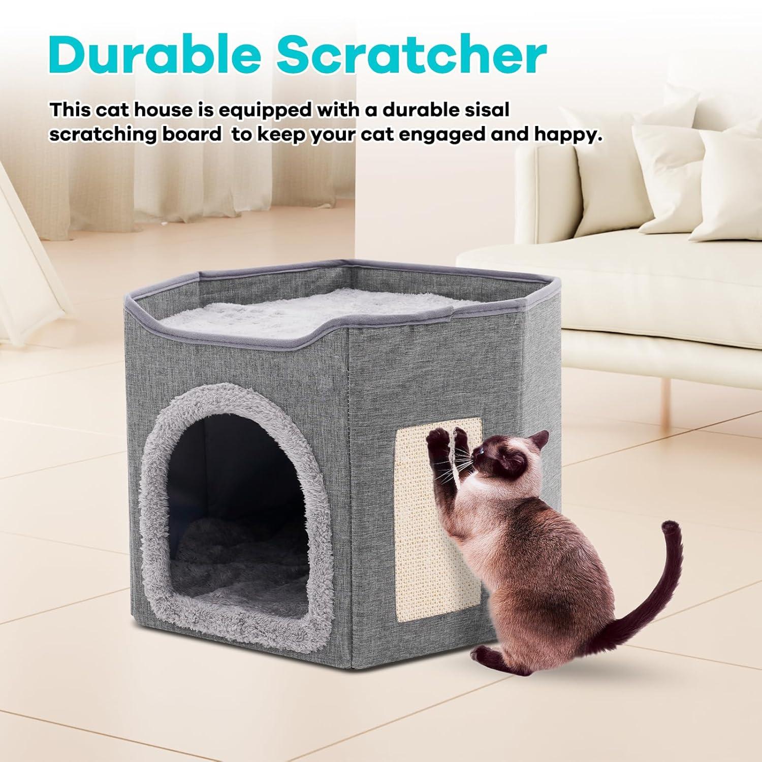 Cat Bed for Indoor Cats Cube House, Covered Cat Cave Beds & Furniture with Scratch Pad and Hideaway Tent, Cute Modern Cat Condo for Multi Small Pet Large Kitten Kitty, Dark Grey