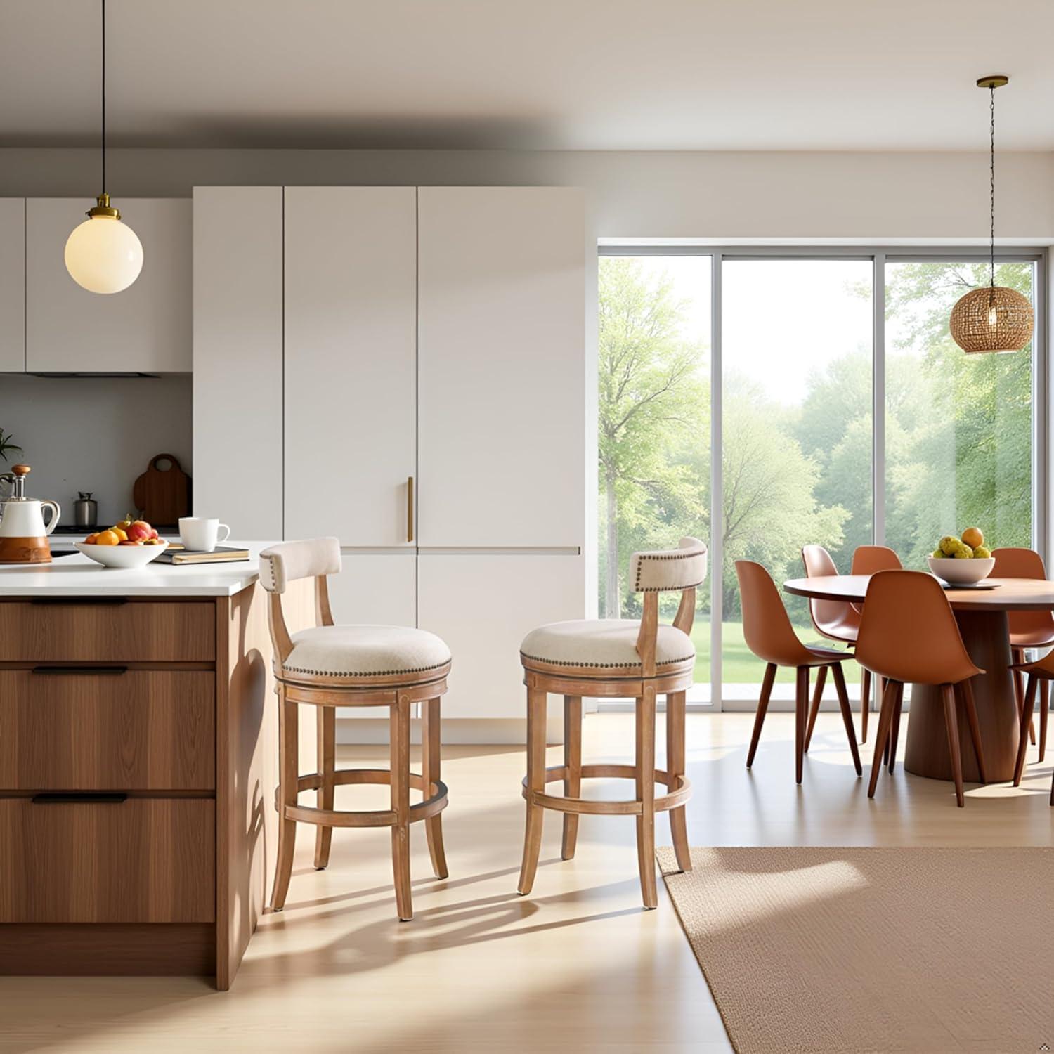 Alaterre Hanover Swivel Bar Height Stool, Weathered Brown and Beige, Solid Rubberwood Frame with Faux Linen Upholstered Seat, Nailhead Trim, Memory Return Swivel, 20 in. W x 22 in. D x 41 in. H