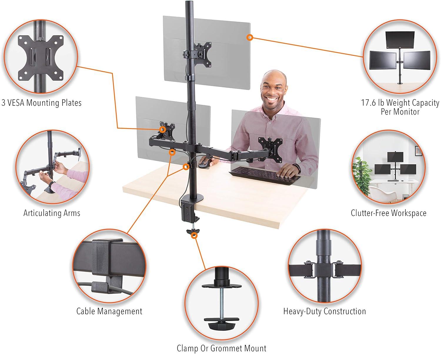 Stand Steady Triple Monitor Mount| Clamp-On Height Adjustable Triple Monitor Stand | Full Articulation VESA Mount Fits Most LCD/LED Monitors 13-32 Inches | Black