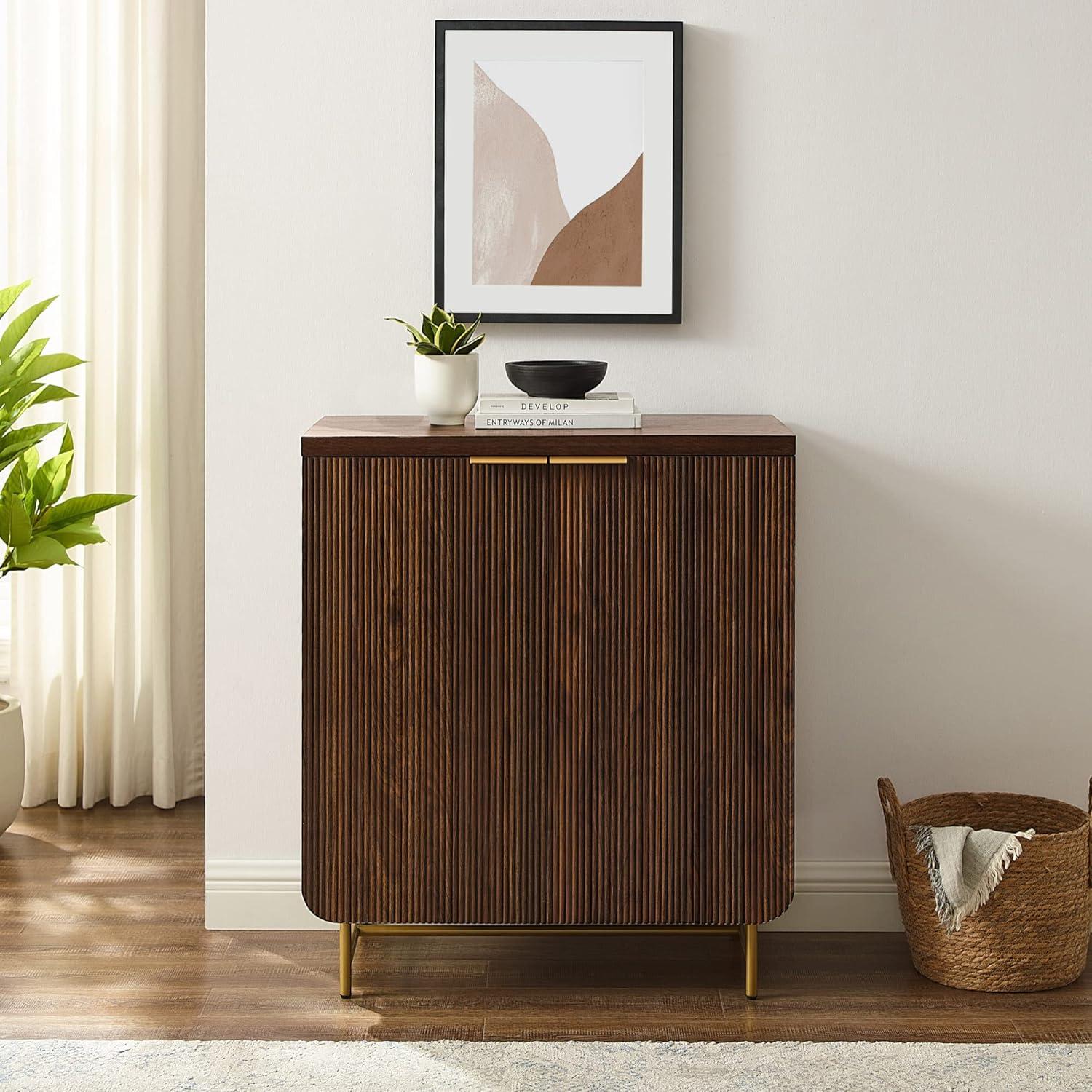 32" Dark Walnut and Gold Fluted Door Accent Cabinet