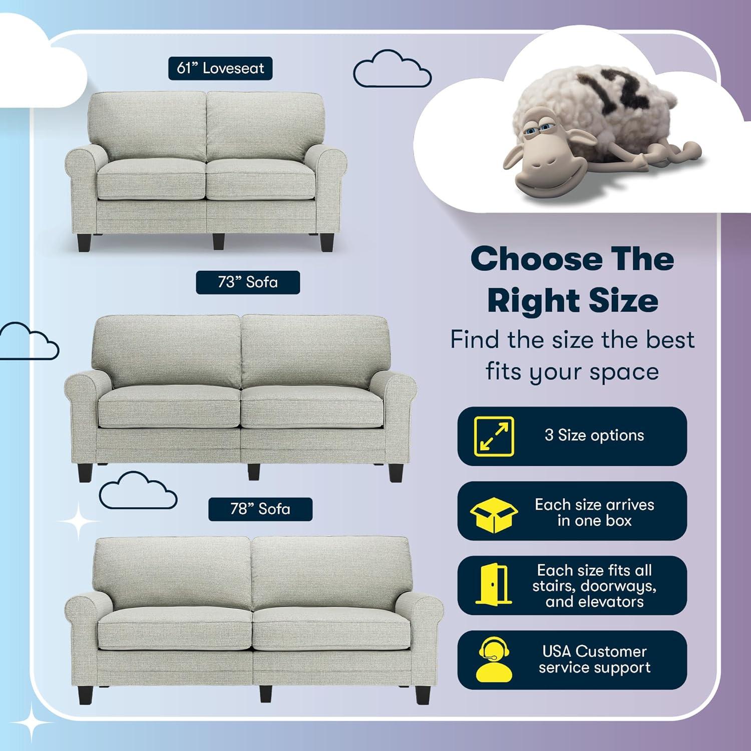 Serta Copenhagen 61" Rolled Arm Sofa, Easy Care Fabric, Soft Pillow Back, Pocket Coil Seat Cushions