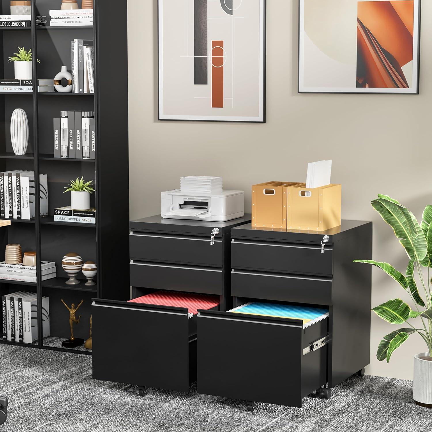 MIIIKO File Cabinet 3 Drawers on Wheels Under Desk, Black Metal Rolling File Cabinets with Lock for Home Office, Un-Assembled Filing Cabinet with Lock