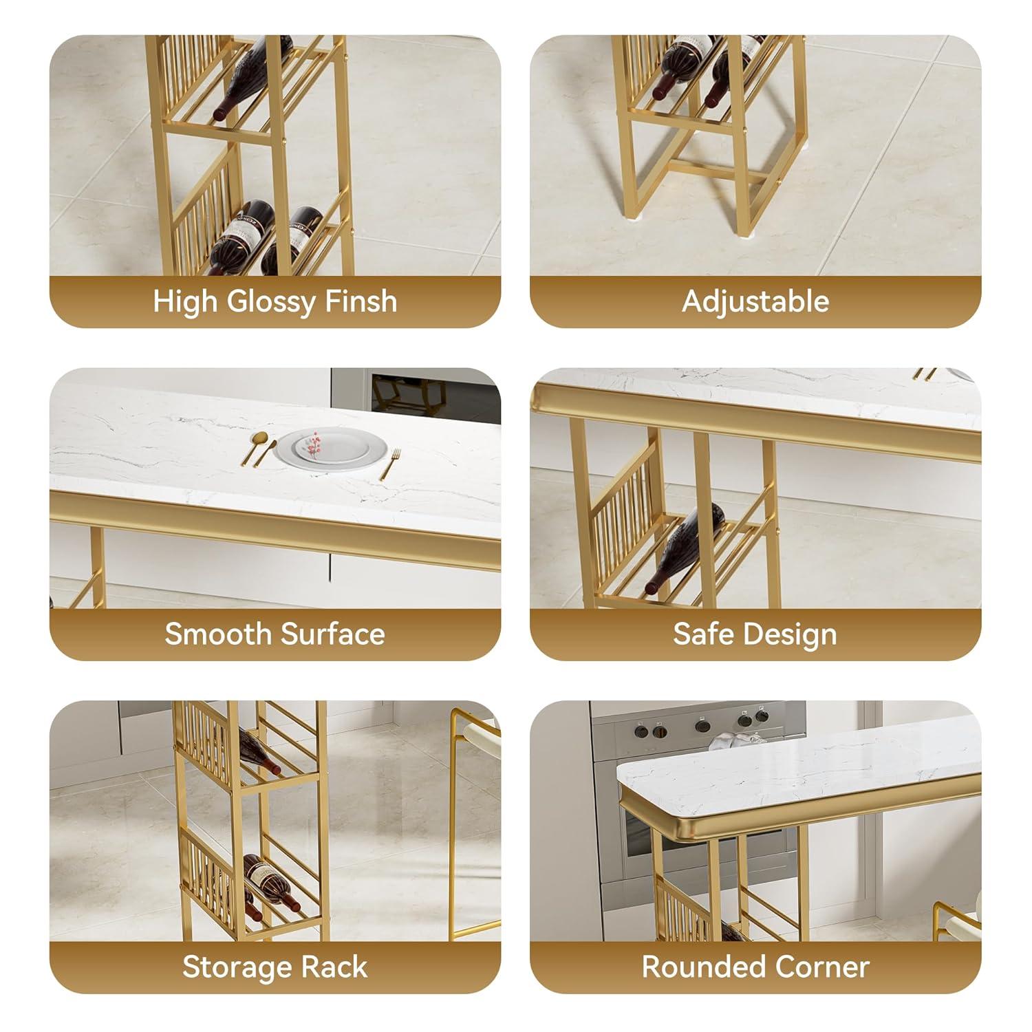 Miekor Furniture 55.1" Modern Straight Bar Table with Shelves in White & Gold W5UAAG