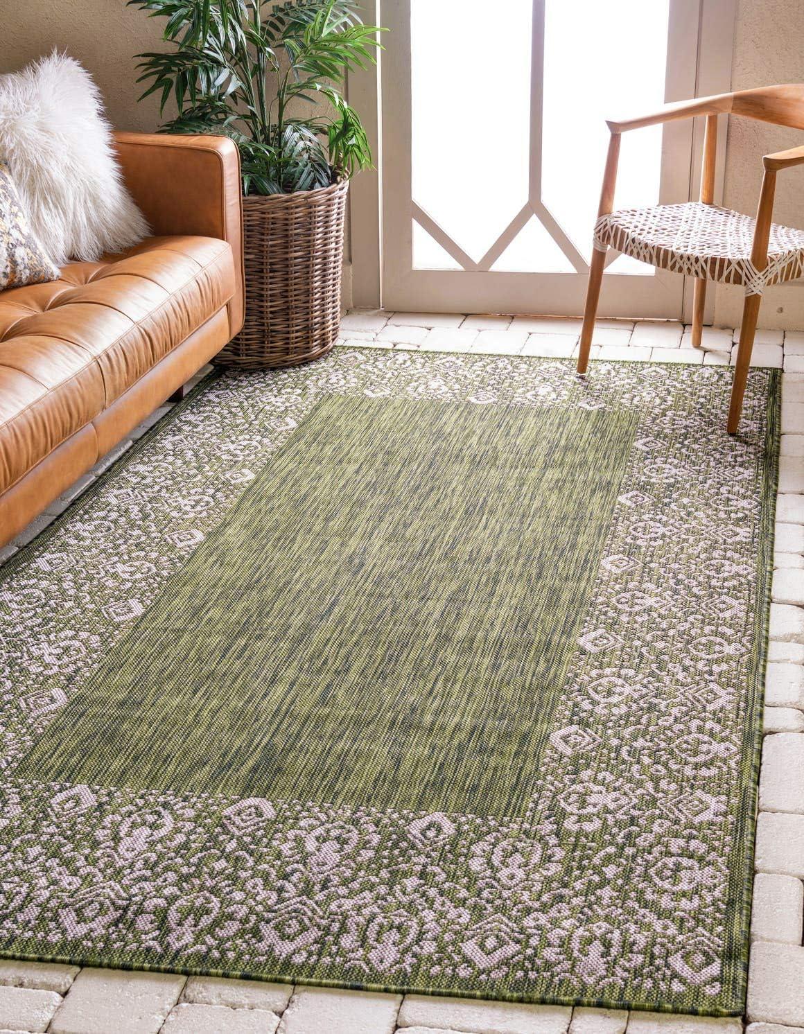 Unique Loom Outdoor Border Collection Area Rug - Floral Border (9' x 12' Rectangle Green/Ivory)