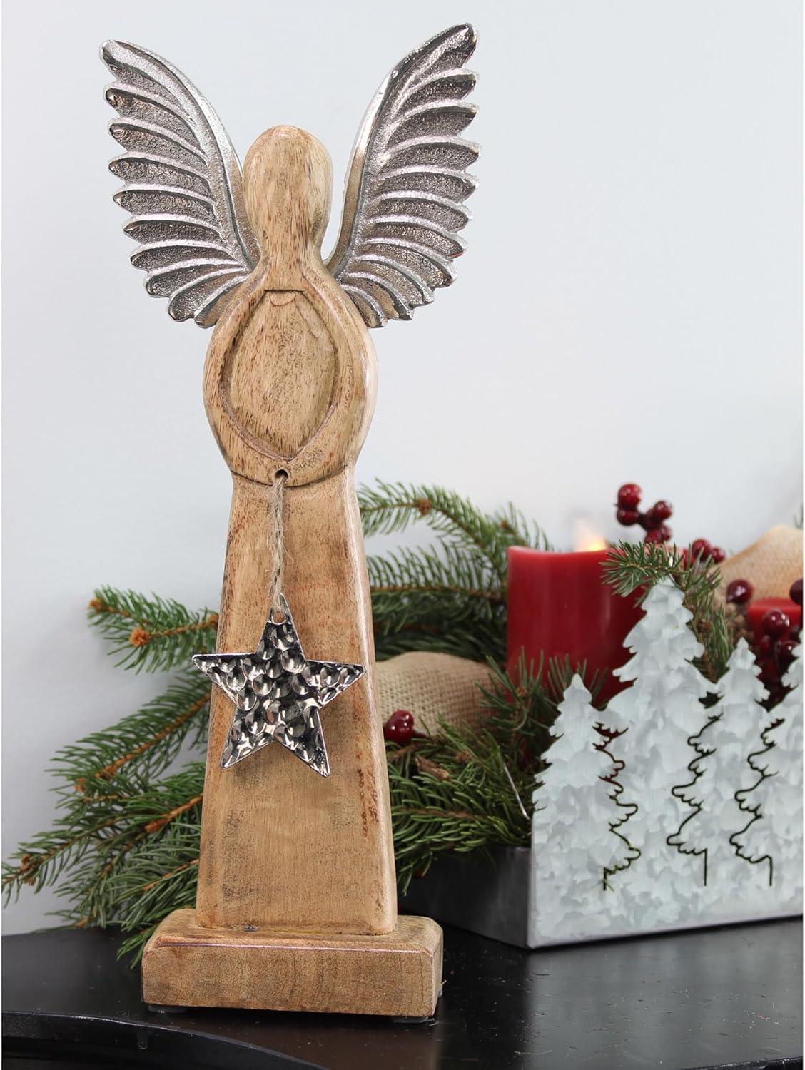 AuldHome Design Wooden Angel Christmas Statue; Farmhouse Holiday Decor Handmade Wood and Metal Figurine