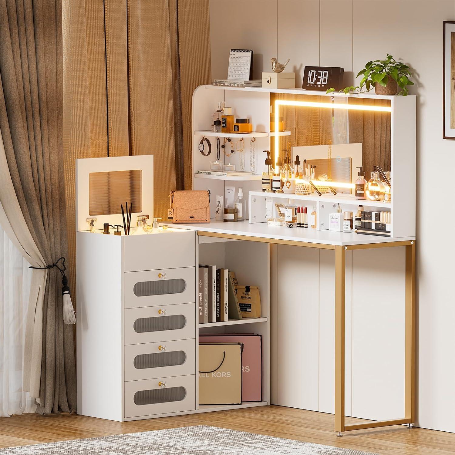 PAKASEPT Vanity Set with Lighted Mirror, Vanity Desk Makeup Vanity with 3-Color Adjustable Touch Light, 5 Drawers, Storage Shelves,Large Bedroom Vanitys for Women Girls