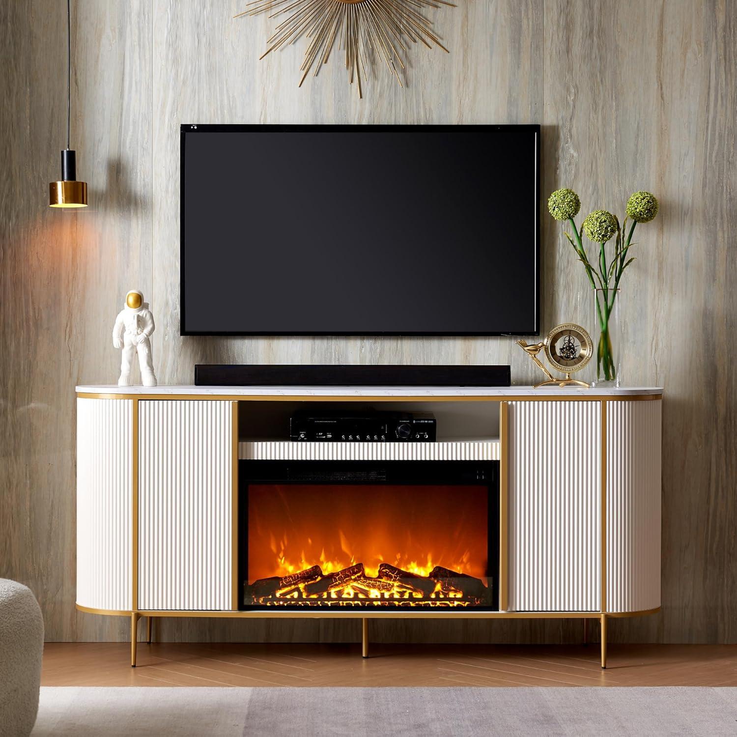 SinCiDo Luxury 70" Fluted TV Stand, Modern TV Console for TVs Up to 80 inches, Faux Marble Top & Curved Design, Off White