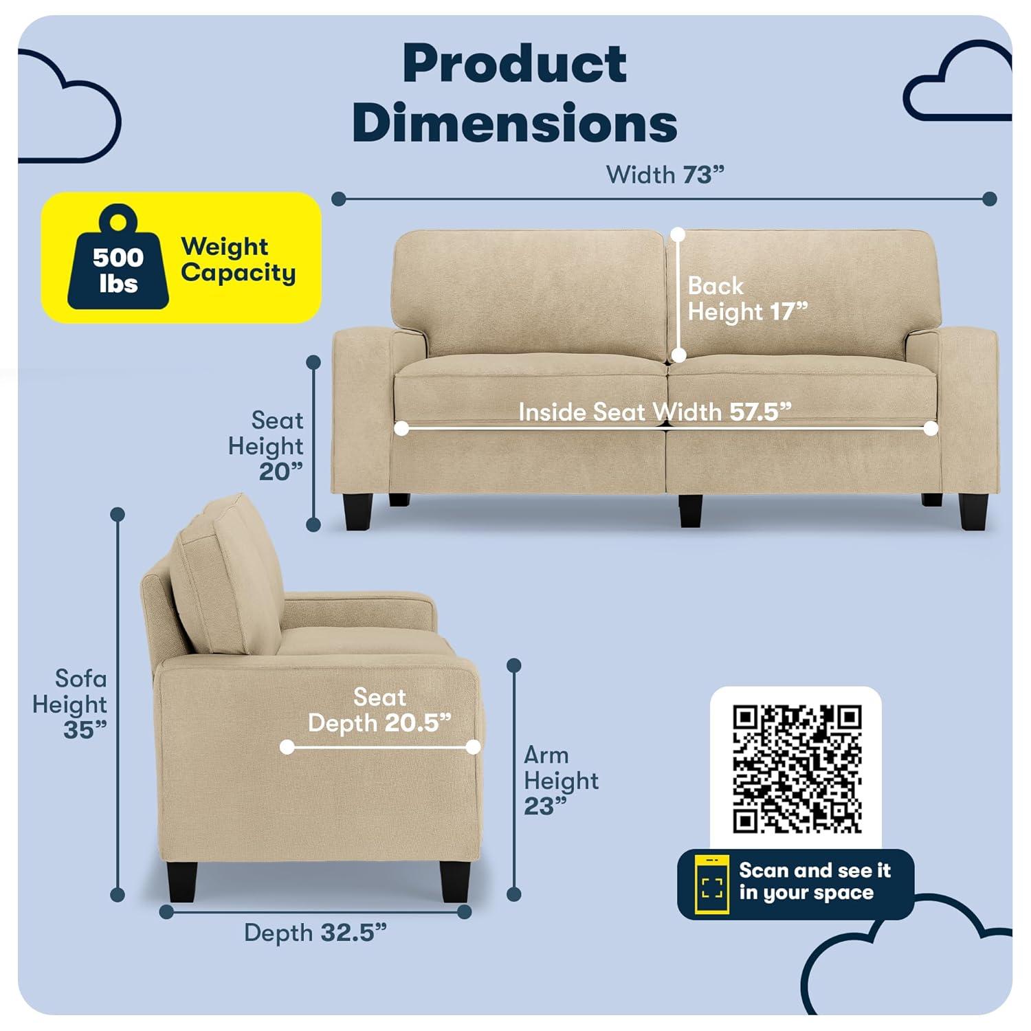 Serta Palisades 73" Track Arm Sofa, Easy Care Fabric, Soft Pillow Back, Pocket Coil Seat Cushions