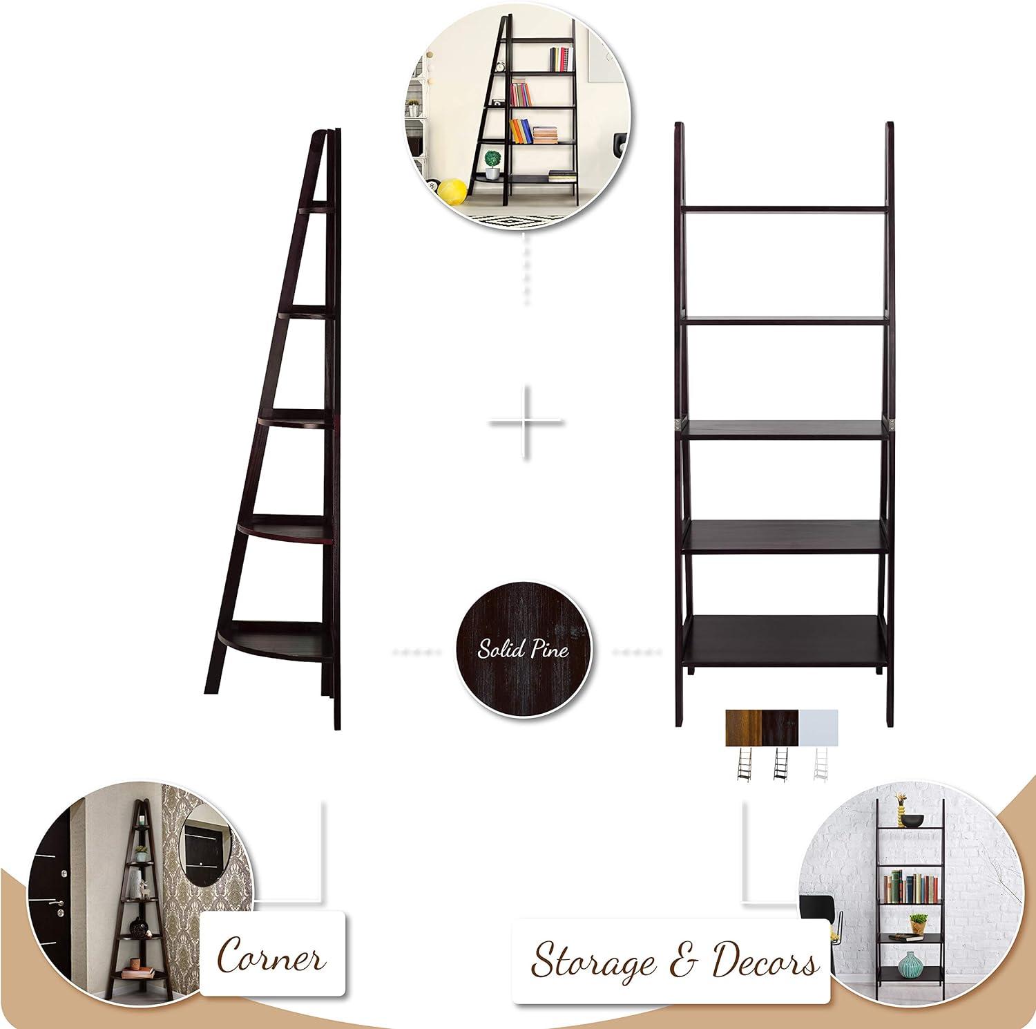 Warm Brown 5-Shelf Wooden Ladder Bookcase