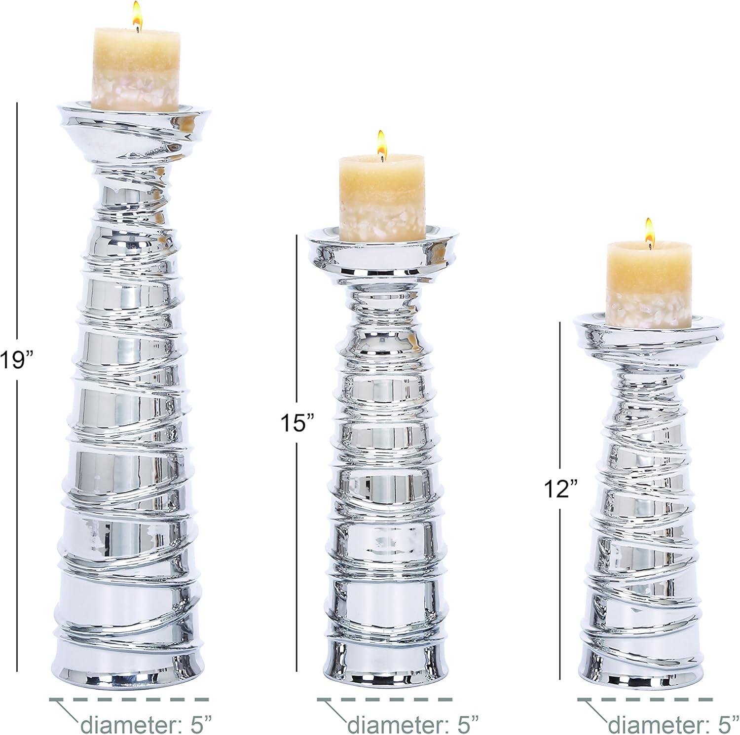 Mercer41 Ceramic Abstract Wrapped Decorative Silver Candle Holder Set