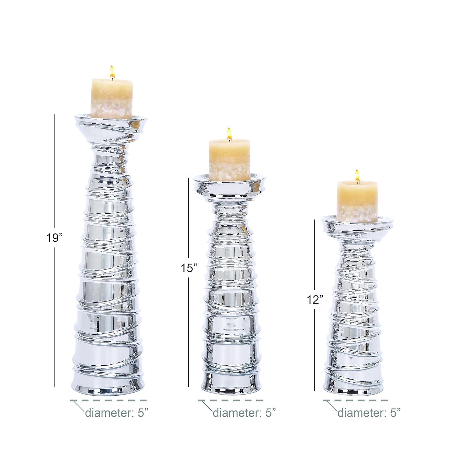 Mercer41 Ceramic Abstract Wrapped Decorative Silver Candle Holder Set