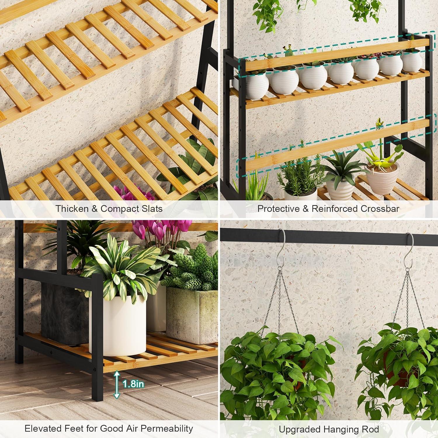 Ufine Bamboo Ladder Plant Stand 3 Tier Foldable Flower Pot Display Shelf Rack for Indoor Outdoor Home Patio Lawn Garden Balcony Organizer Planter Holder