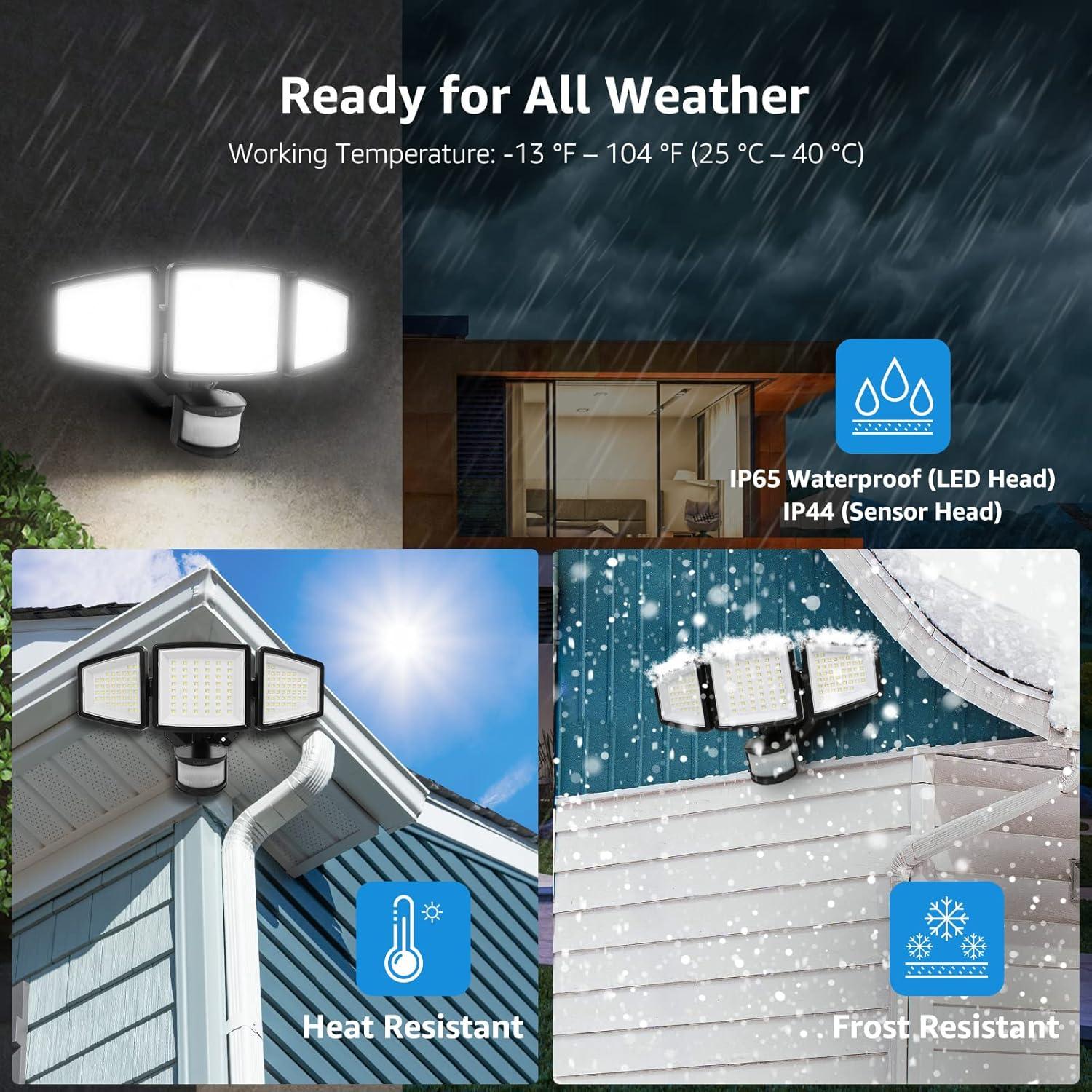 Lepro Motion Sensor Outdoor Light  , LED Security Flood Lights with 3 Adjustable Heads, 270° Wide Lighting Angle, 27W 3200LM Super Bright, IP65 Waterproof for Yard Porch Garage, Black