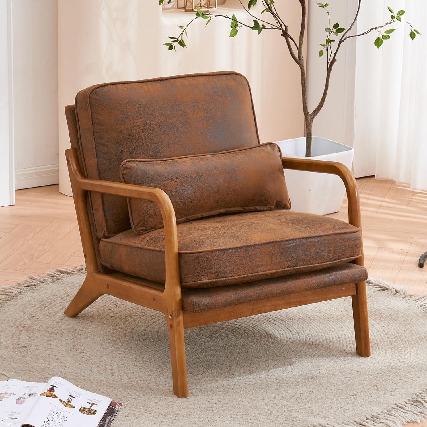 Mid-Century Modern Brown Velvet Armchair with Wood Frame