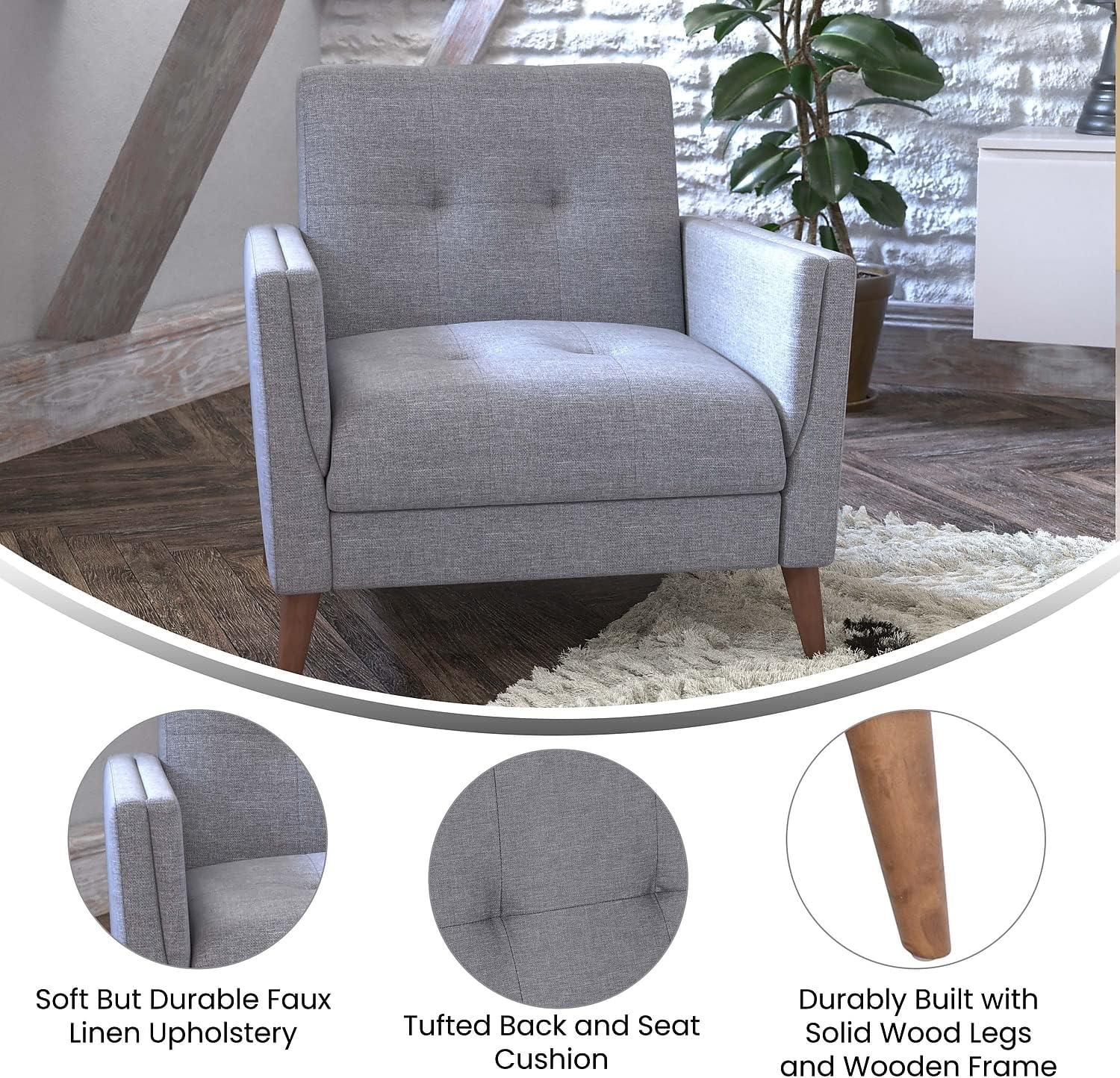 Flash Furniture Conrad Mid-Century Modern Commercial Grade Armchair with Tufted Faux Linen Upholstery & Solid Wood Legs in Slate Gray