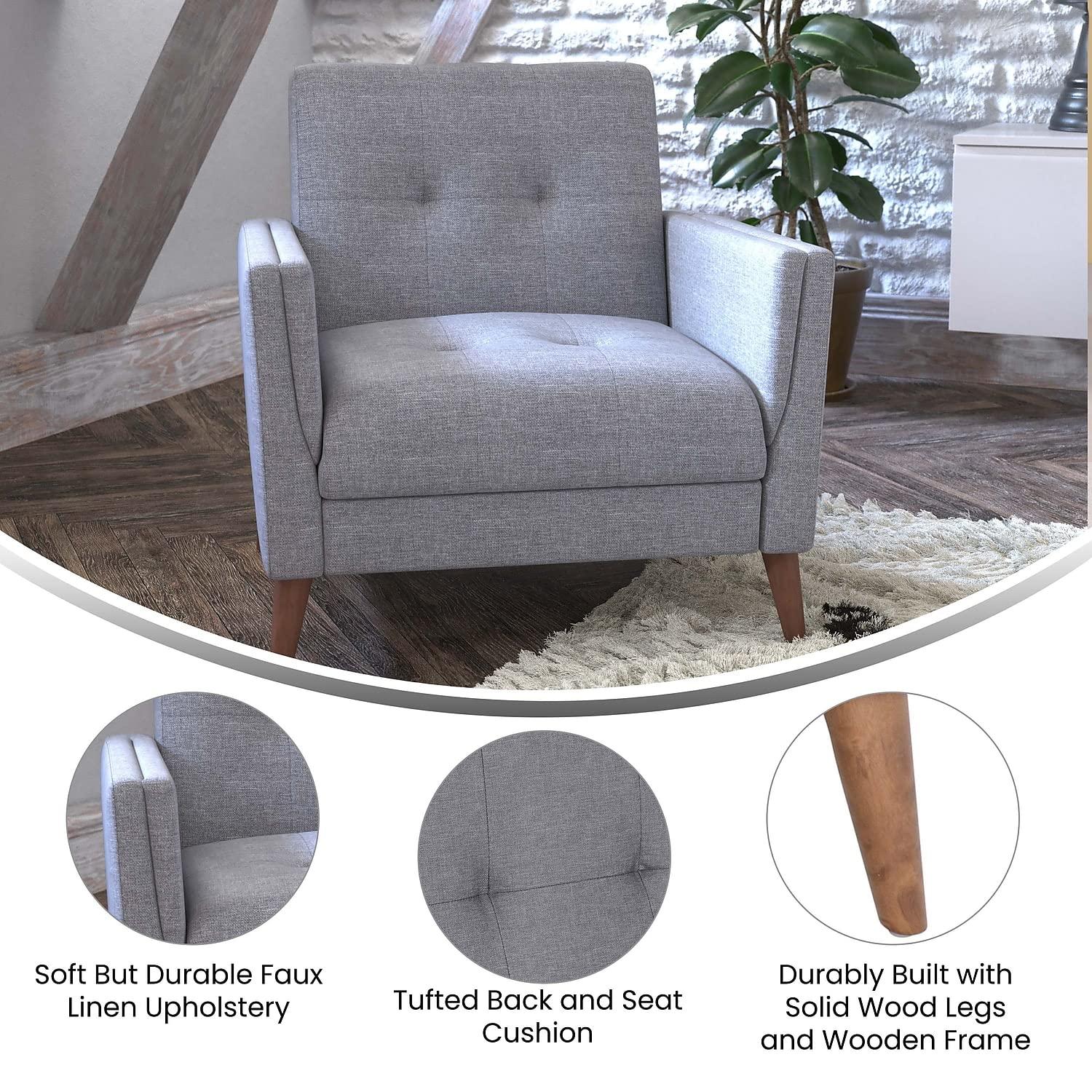 Flash Furniture Conrad Mid-Century Modern Commercial Grade Armchair with Tufted Faux Linen Upholstery & Solid Wood Legs in Slate Gray