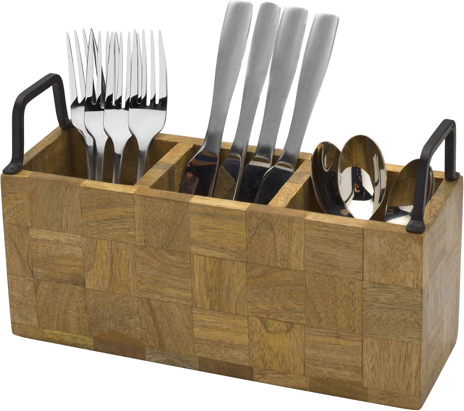 Avery Checkered Mango Wood Flatware Caddy with Iron Handles