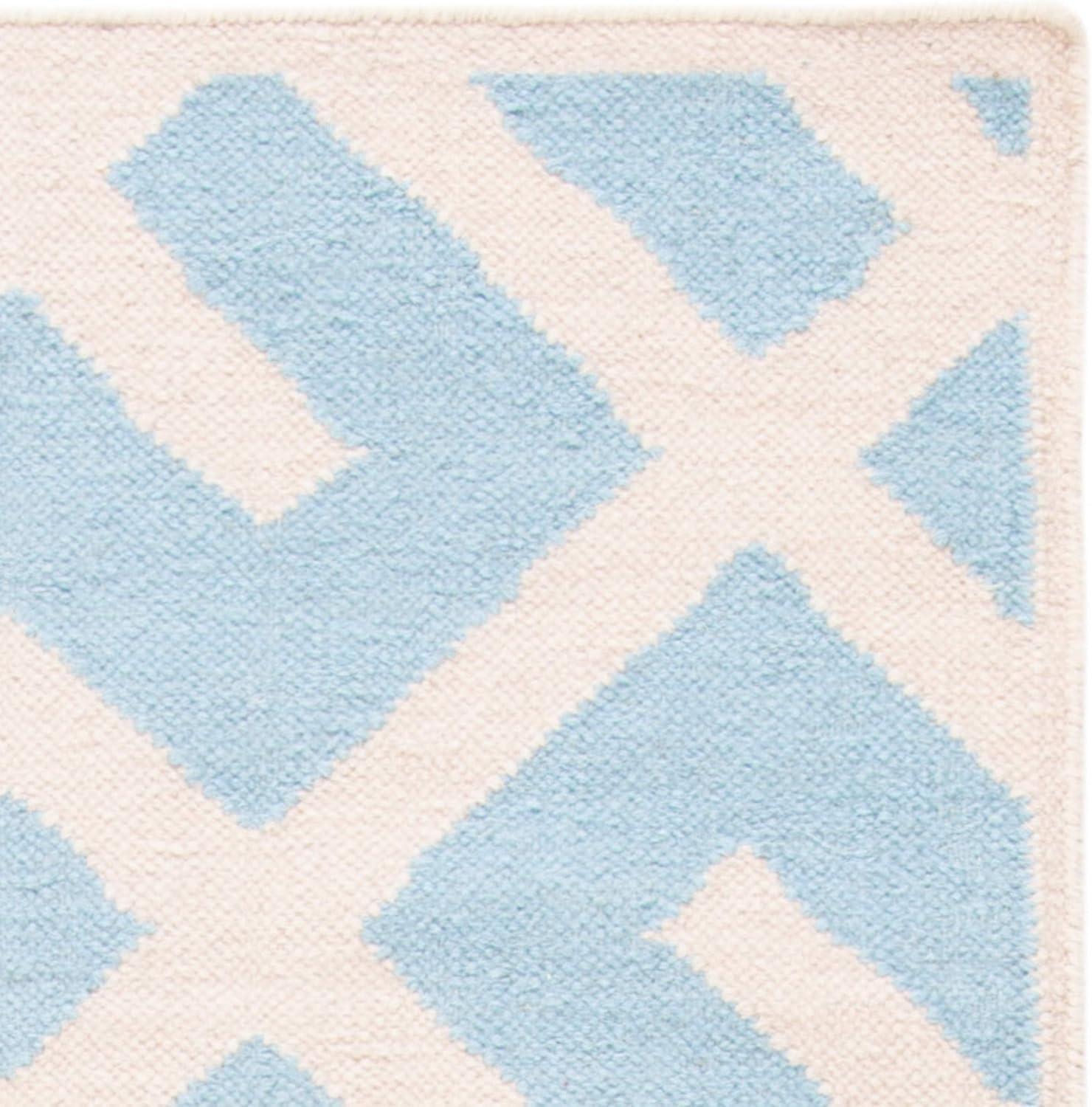 Ivory and Light Blue Geometric Wool Square Rug, 8' x 8'