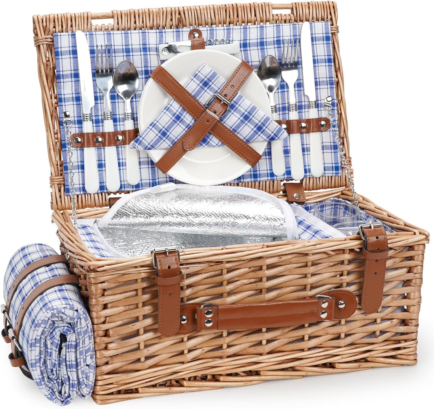 Wicker Picnic Basket Set for 2 Persons with Waterproof Picnic Blanket and Large Insulated Cooler Compartment, Willow Picnic Hamper Basket with Cutlery Service Kits for Camping, Wedding (Red)
