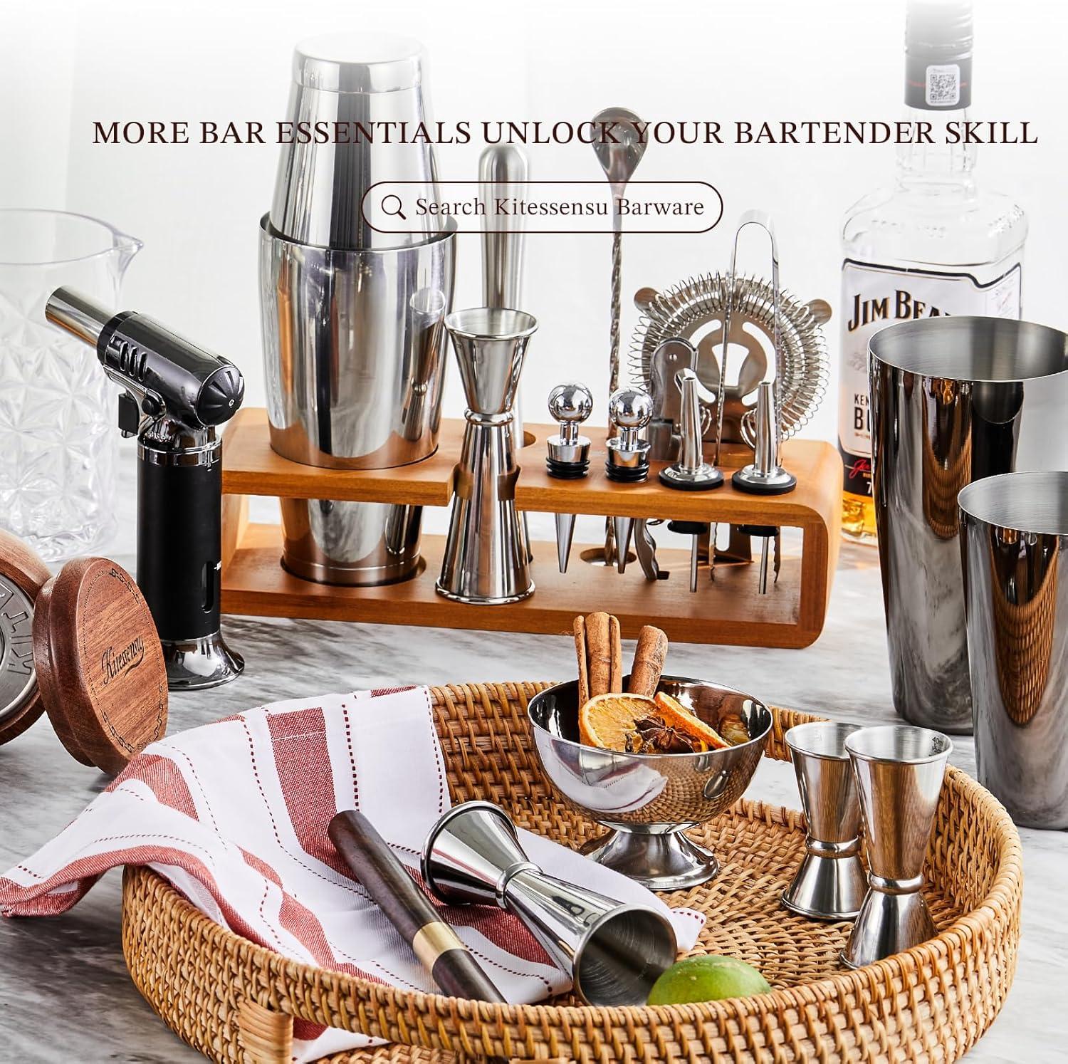 KITESSENSU Bartender Kit, 15-Piece Cocktail Shaker Set with Bamboo Stand, Drink Mixer Set, Bar Set with All Essential Bar Accessory Tools |Rose Gold