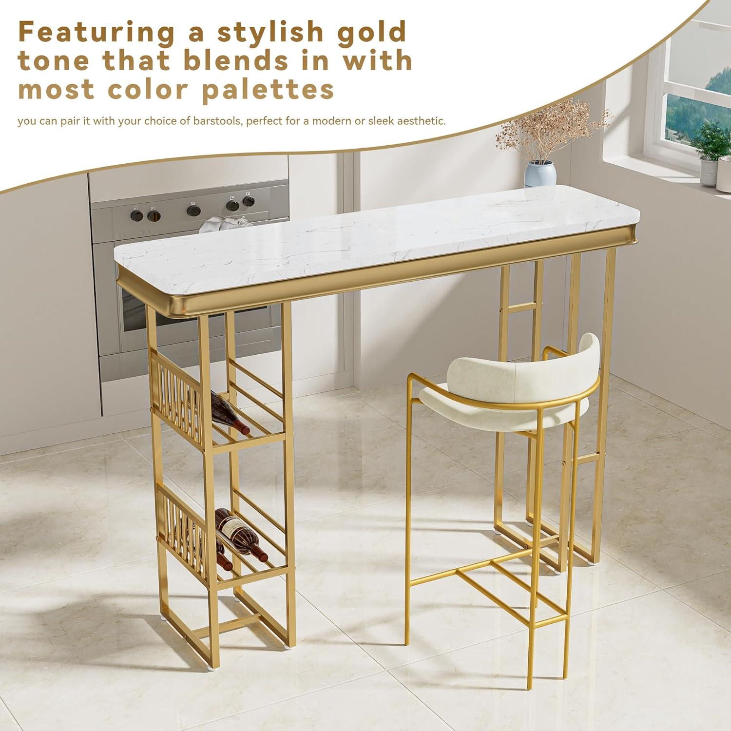 Miekor Furniture 55.1" Modern Straight Bar Table with Shelves in White & Gold W5UAAG