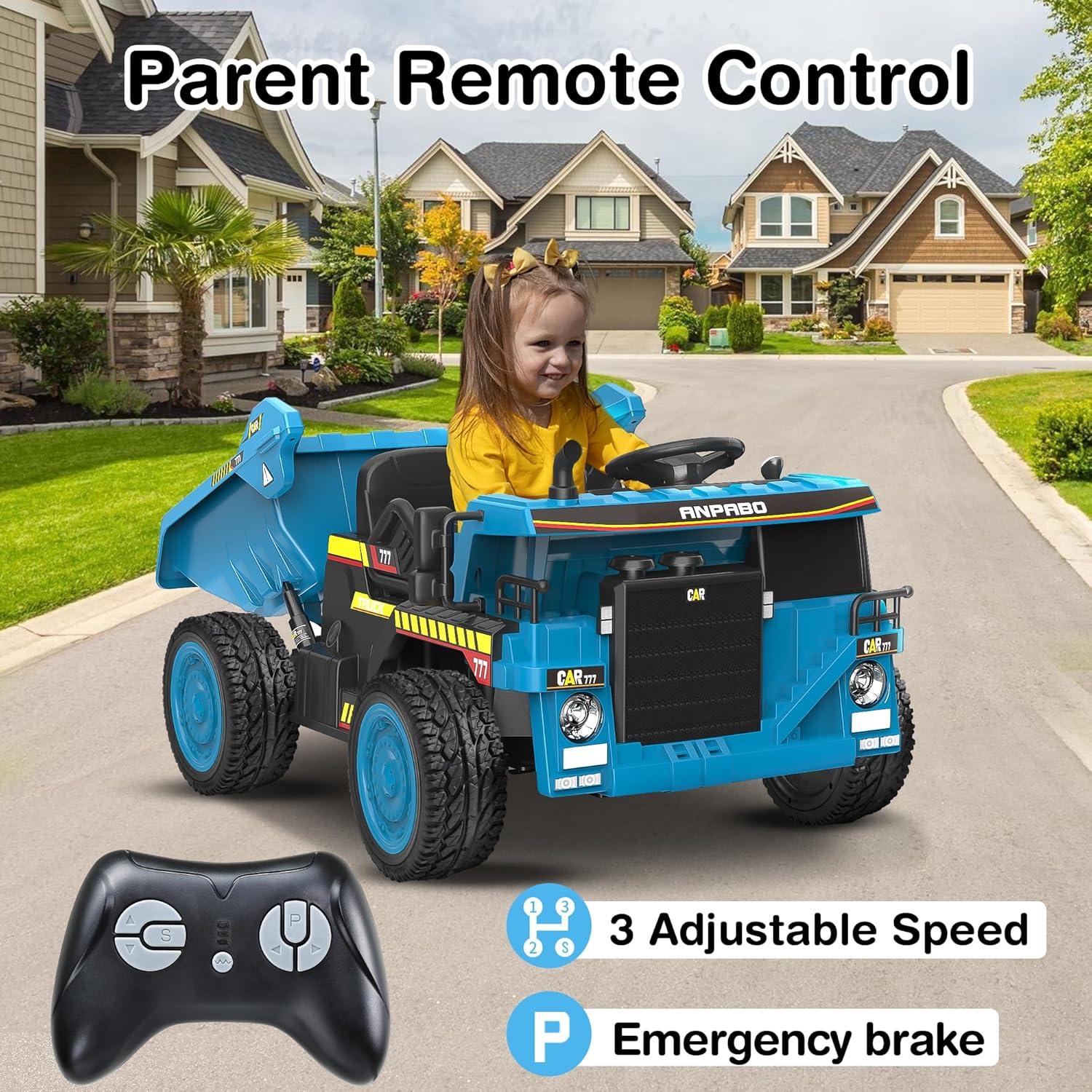 Blue 12V Battery-Powered Ride-On Dump Truck with Remote Control