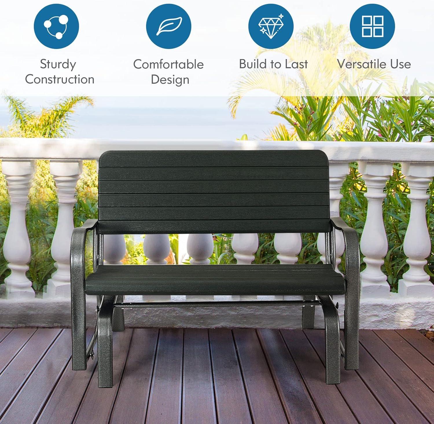 Black Steel Frame Outdoor Glider Bench with HDPE Seat